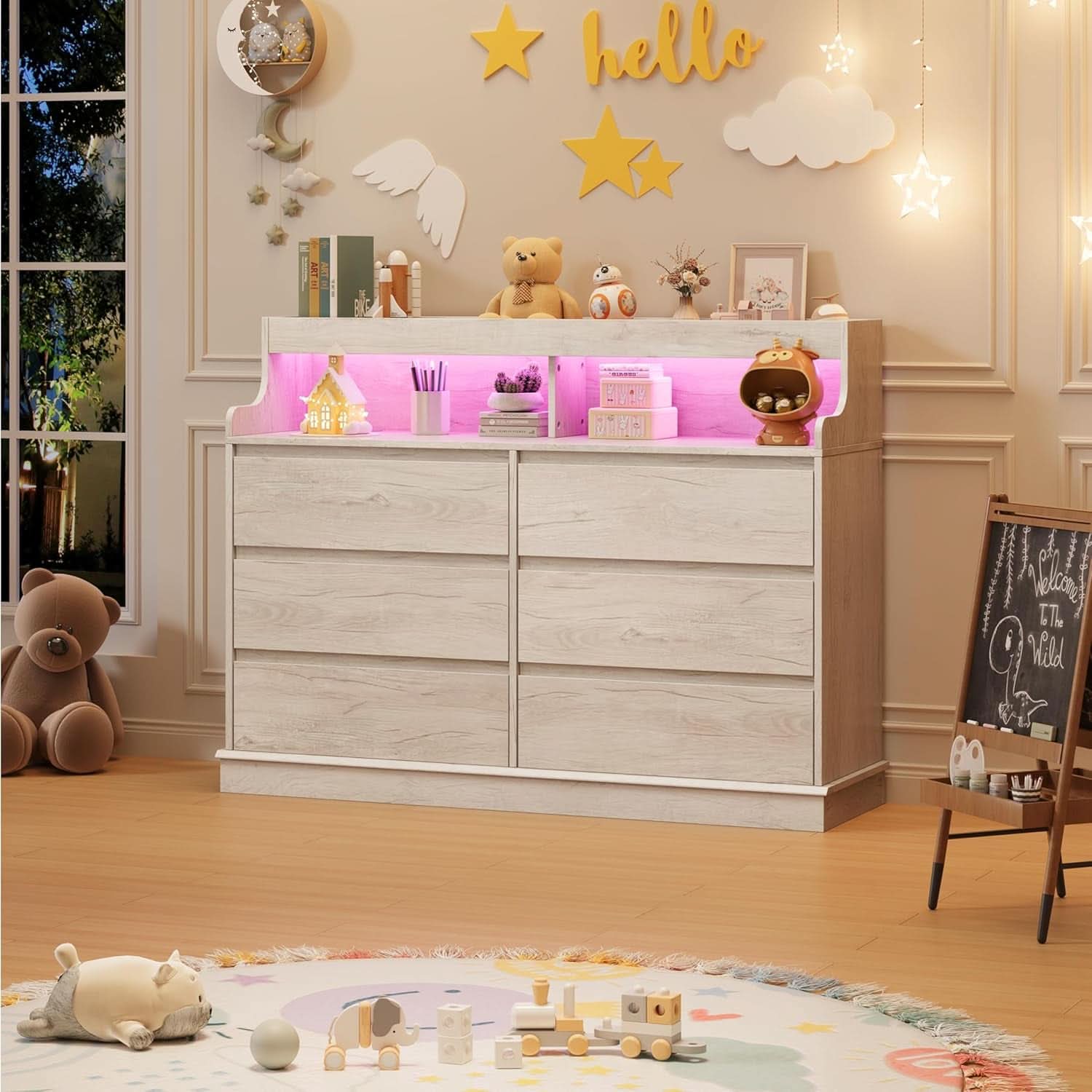 Oak Interlocking Six Drawer Dresser With LED Lighting