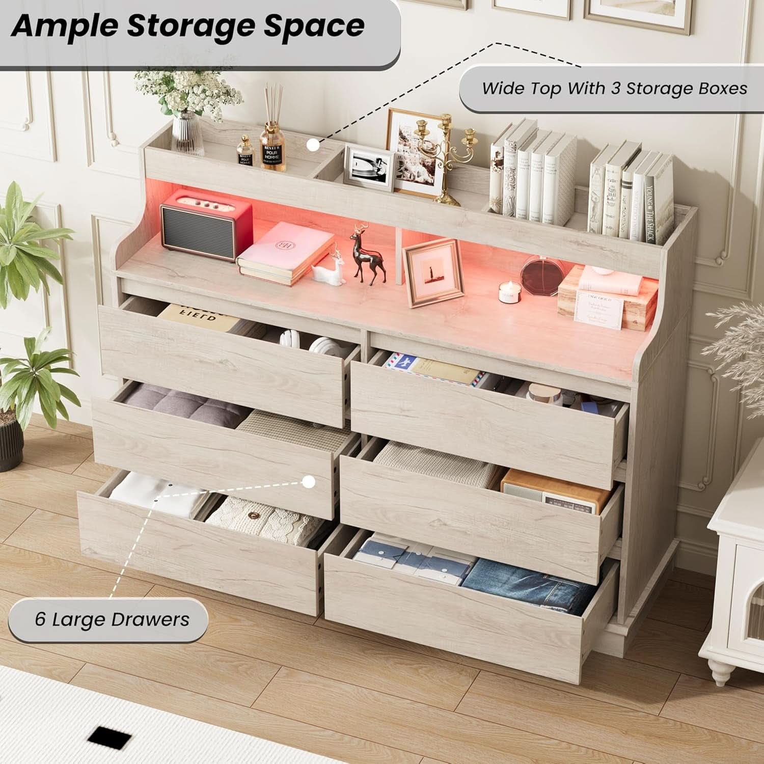 Oak Interlocking Six Drawer Dresser With LED Lighting