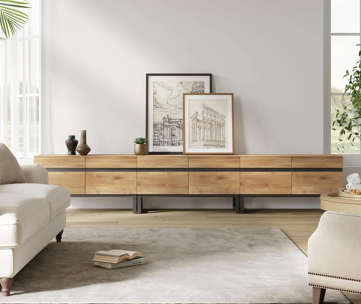 Oak TV Stand With Storage Cabinets For 110 Inch TV Modern Media Console