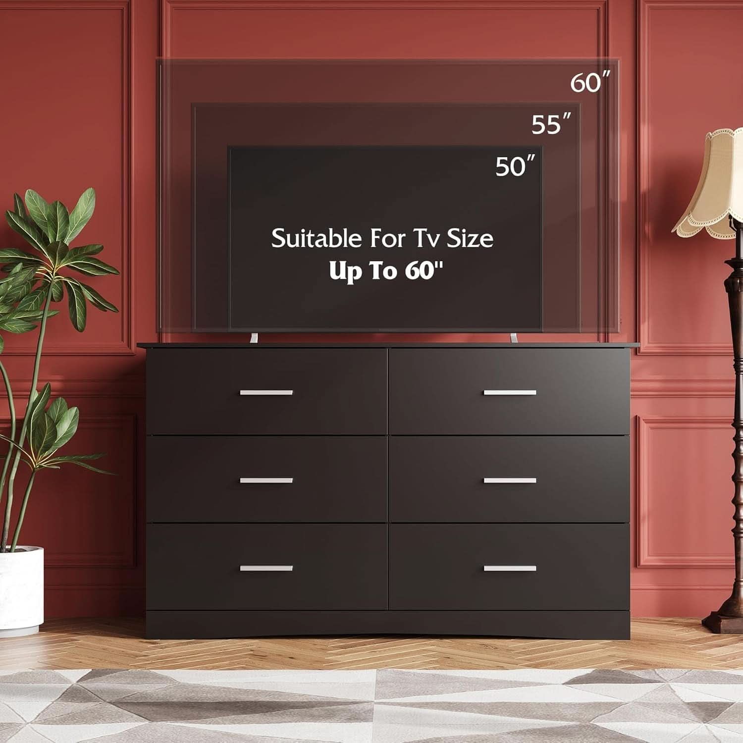 Oak Wood Dresser With 6 Drawers Black Finish For Bedroom