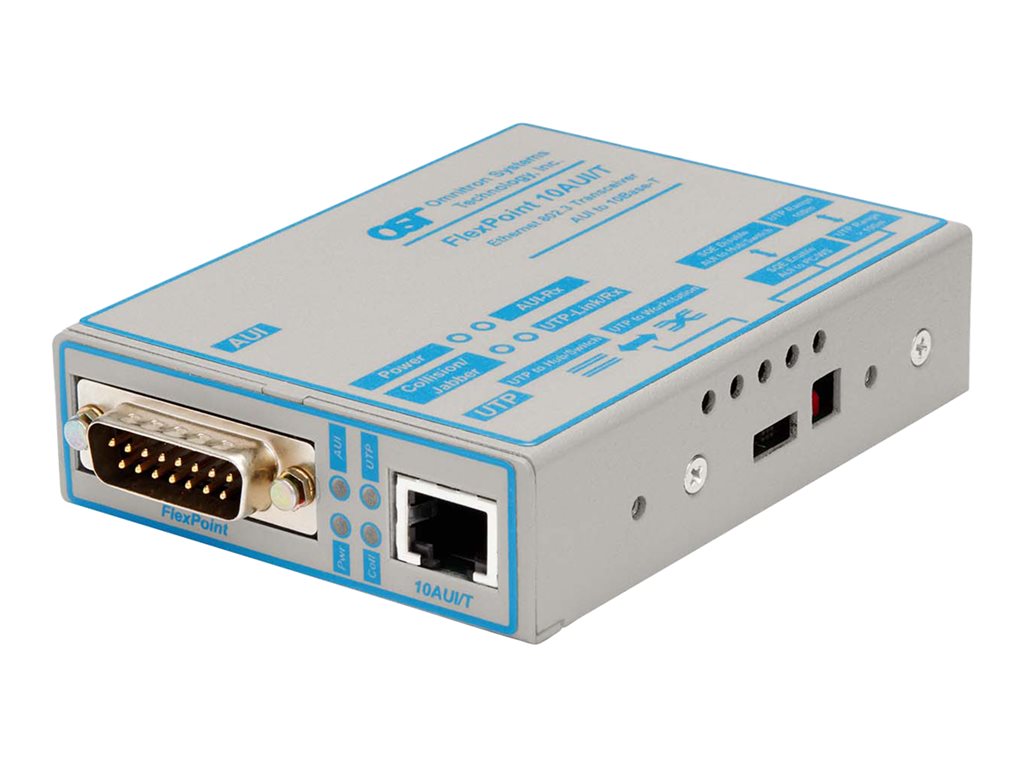 Omnitron FlexPoint 10AUI/T - Media converter - 10Mb LAN - 10Base-T, AUI - 15 pin D-Sub (DB-15) / RJ-45 - up to 328 ft
