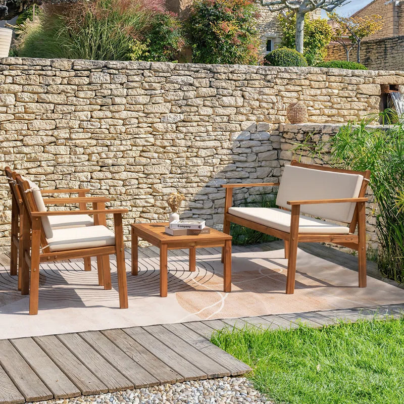 Outdoor Acacia Wood 4 Piece Conversation Set With Cushions