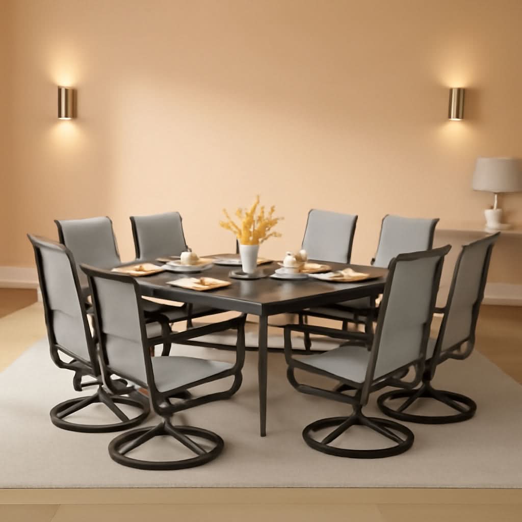 Outdoor Dining Set 9 With Square Table And 8 Swivel Chairs