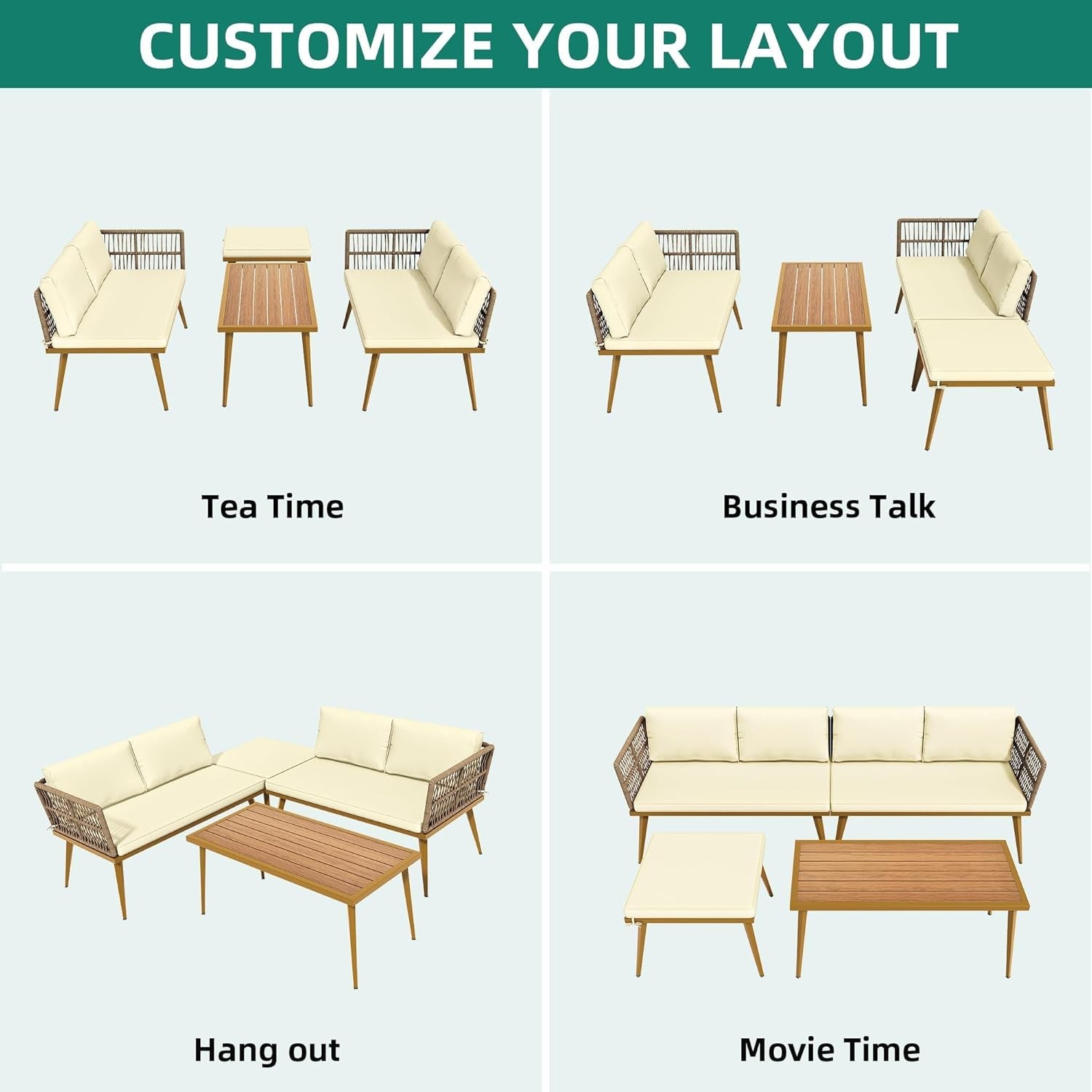 Outdoor Four Piece Patio Furniture Set With L Shaped Beige Rattan Sofa