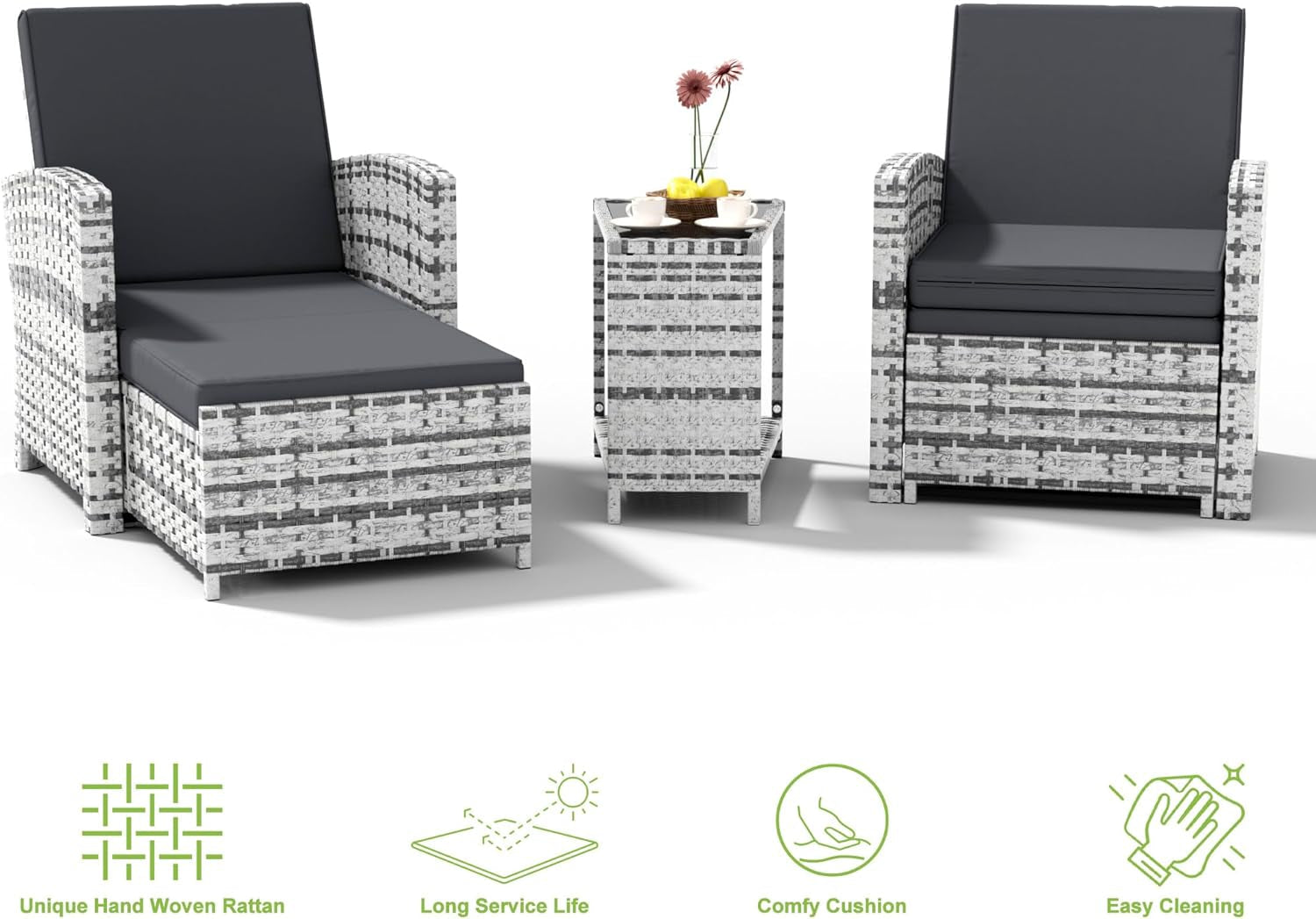 Outdoor Furniture Set Grey Wicker Chairs Nesting Ottomans