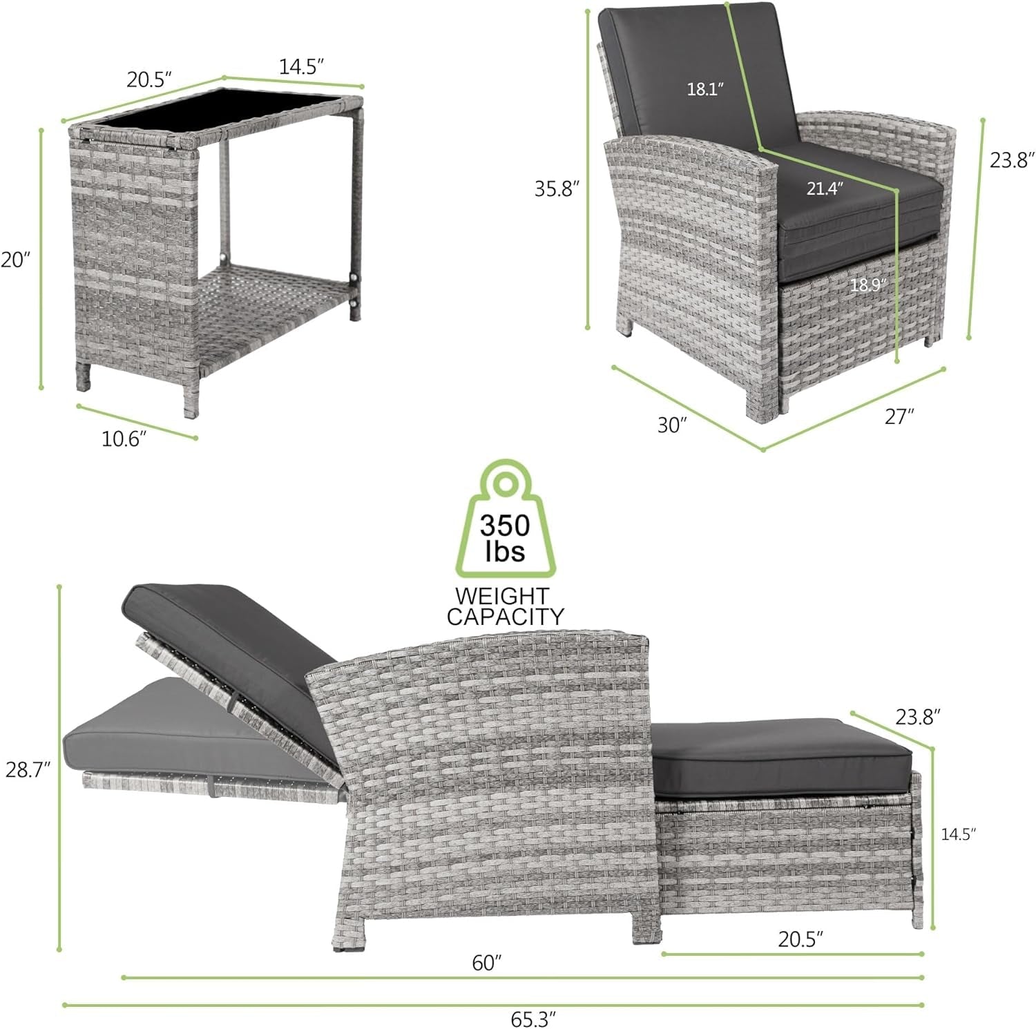 Outdoor Furniture Set Grey Wicker Chairs Nesting Ottomans