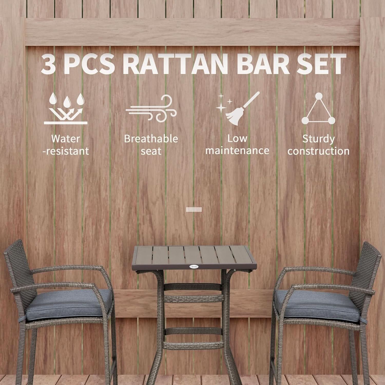 Outdoor Grey 3 Pc Rattan Wicker Bar Set With Wood Table