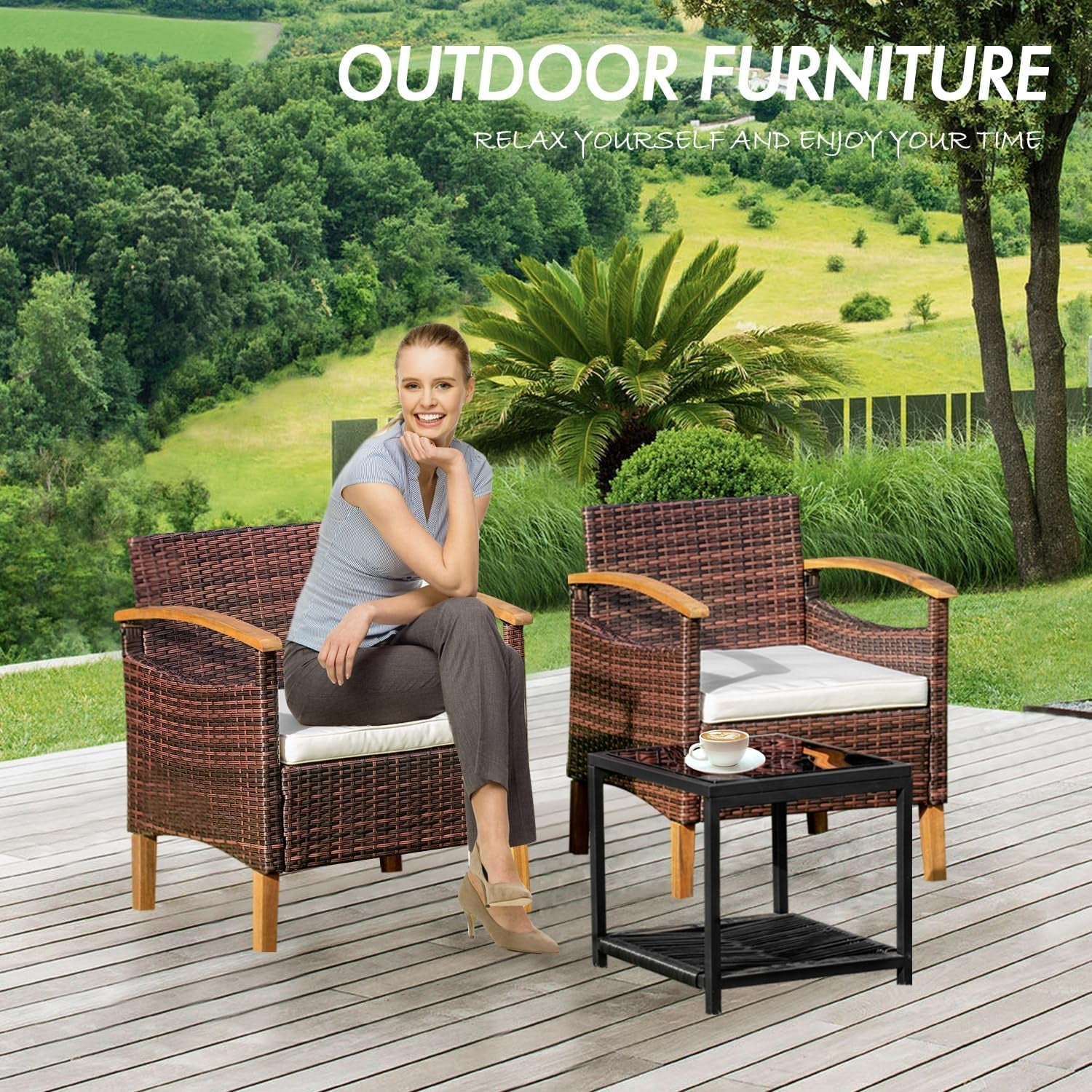 Outdoor Patio Furniture Set 3 Piece Wicker Brown With Table