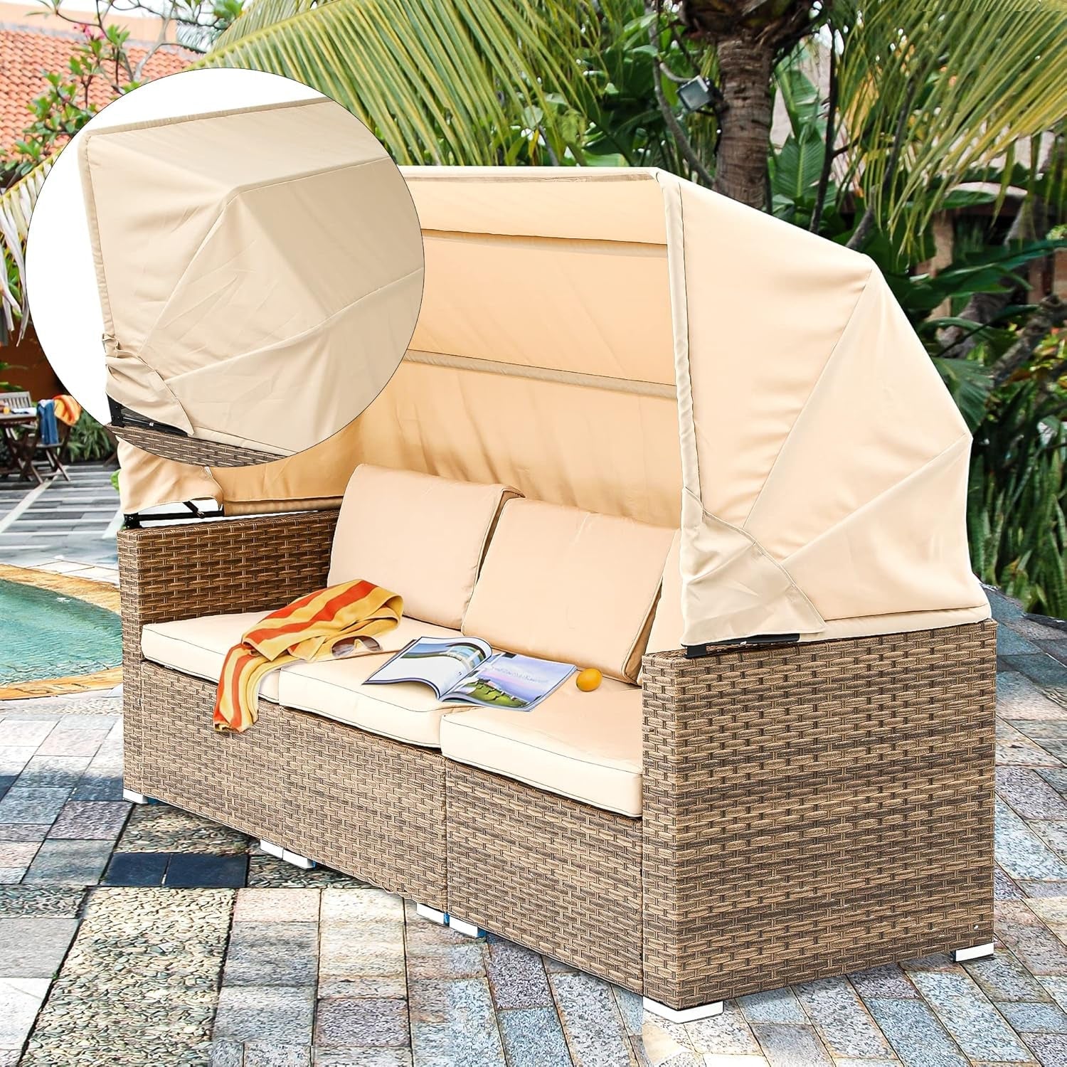 Outdoor Patio Wicker Daybed Set with Canopy Cushions