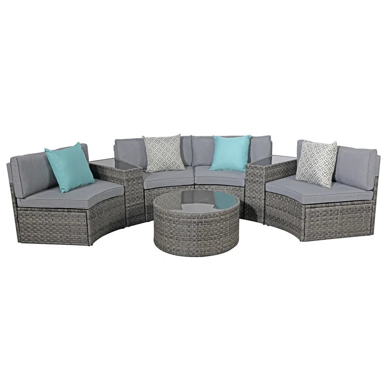 Outdoor Rattan Sofa Set Beige Cushions Weatherproof 7 Piece