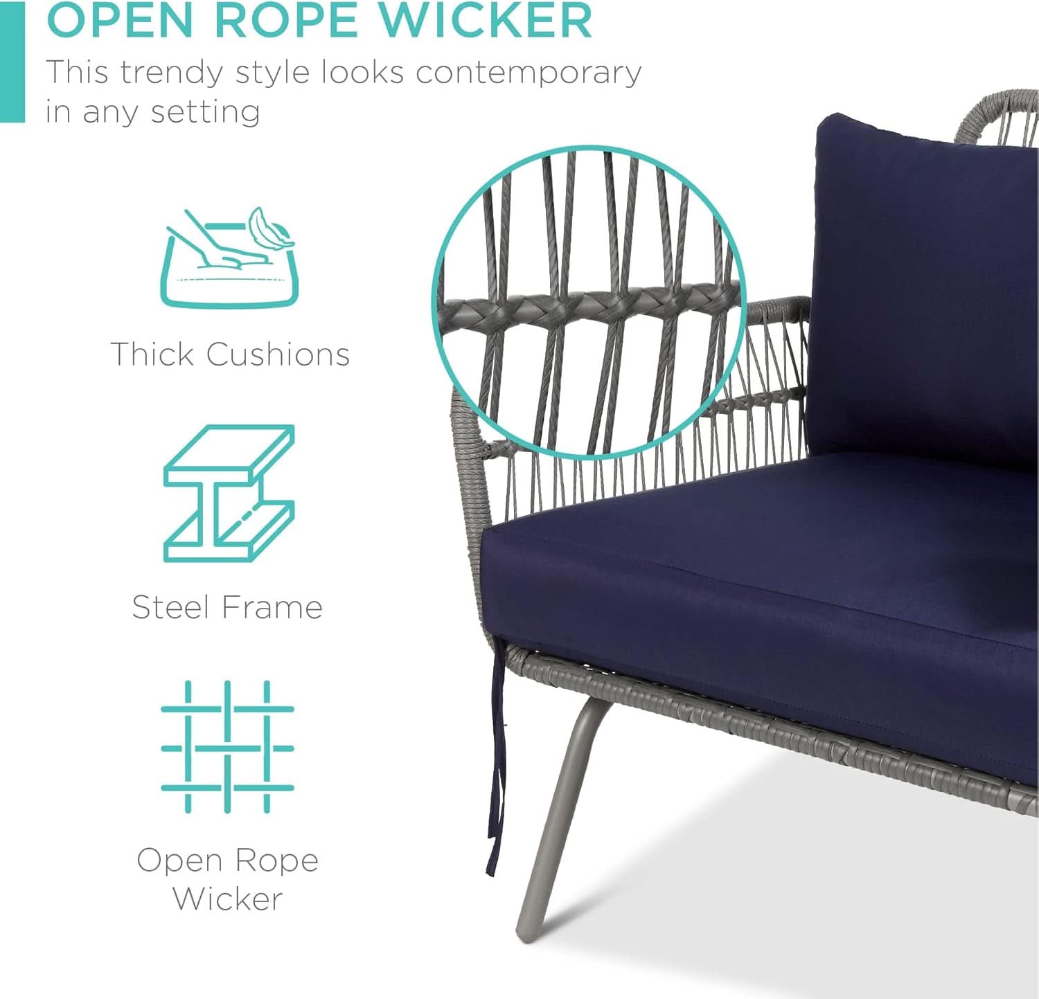 Outdoor Rope Woven Sectional Sofa Gray Navy Cushions
