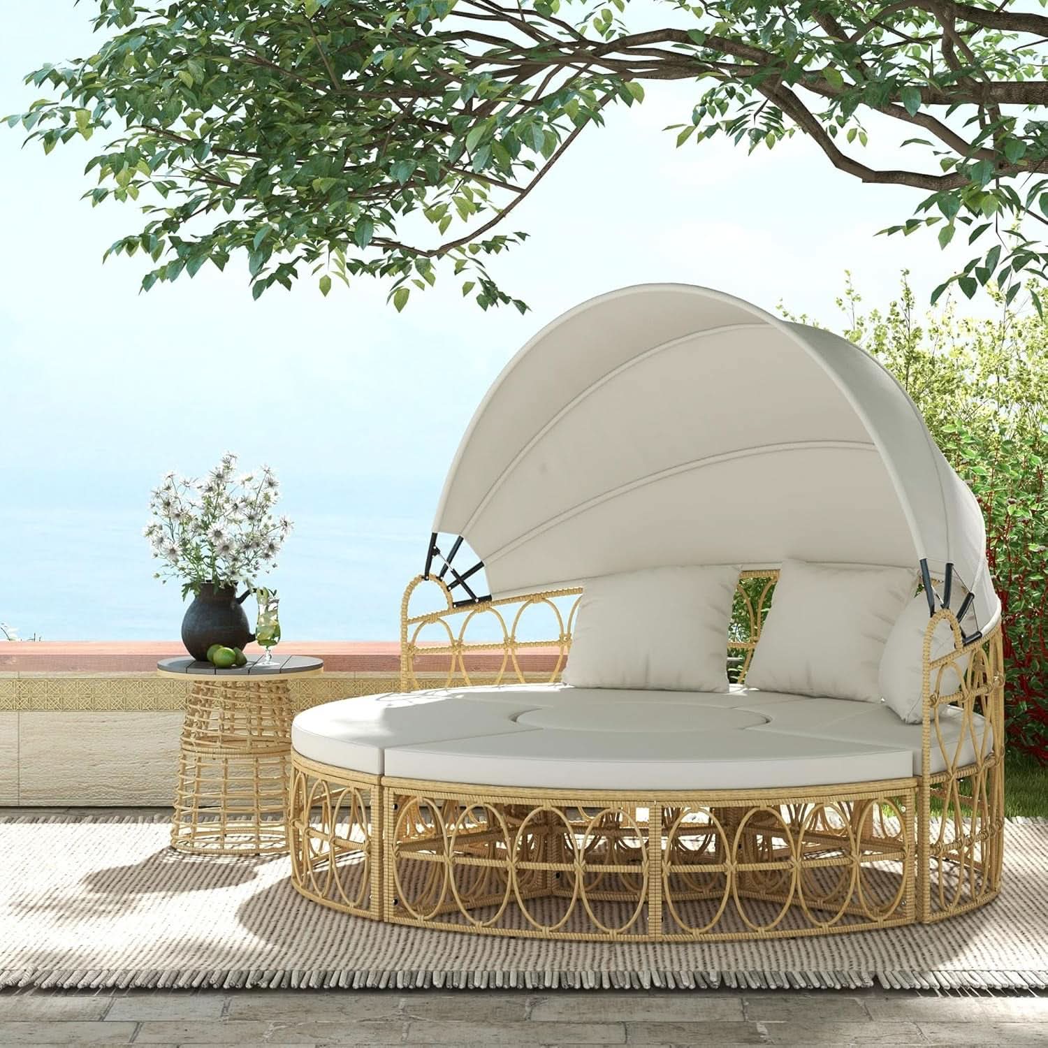 Outdoor Round Daybed Set with Canopy and Cushions