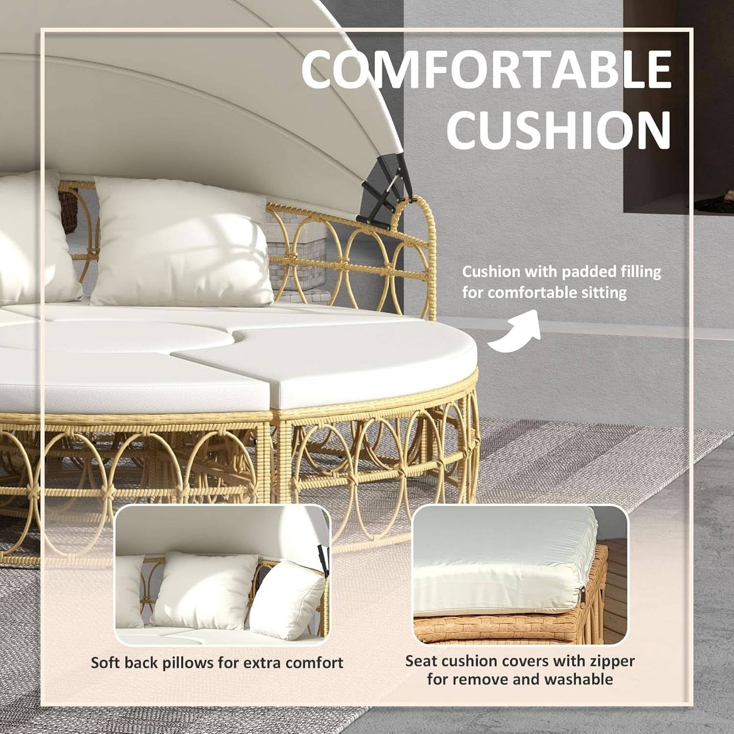 Outdoor Round Daybed Set with Canopy and Cushions