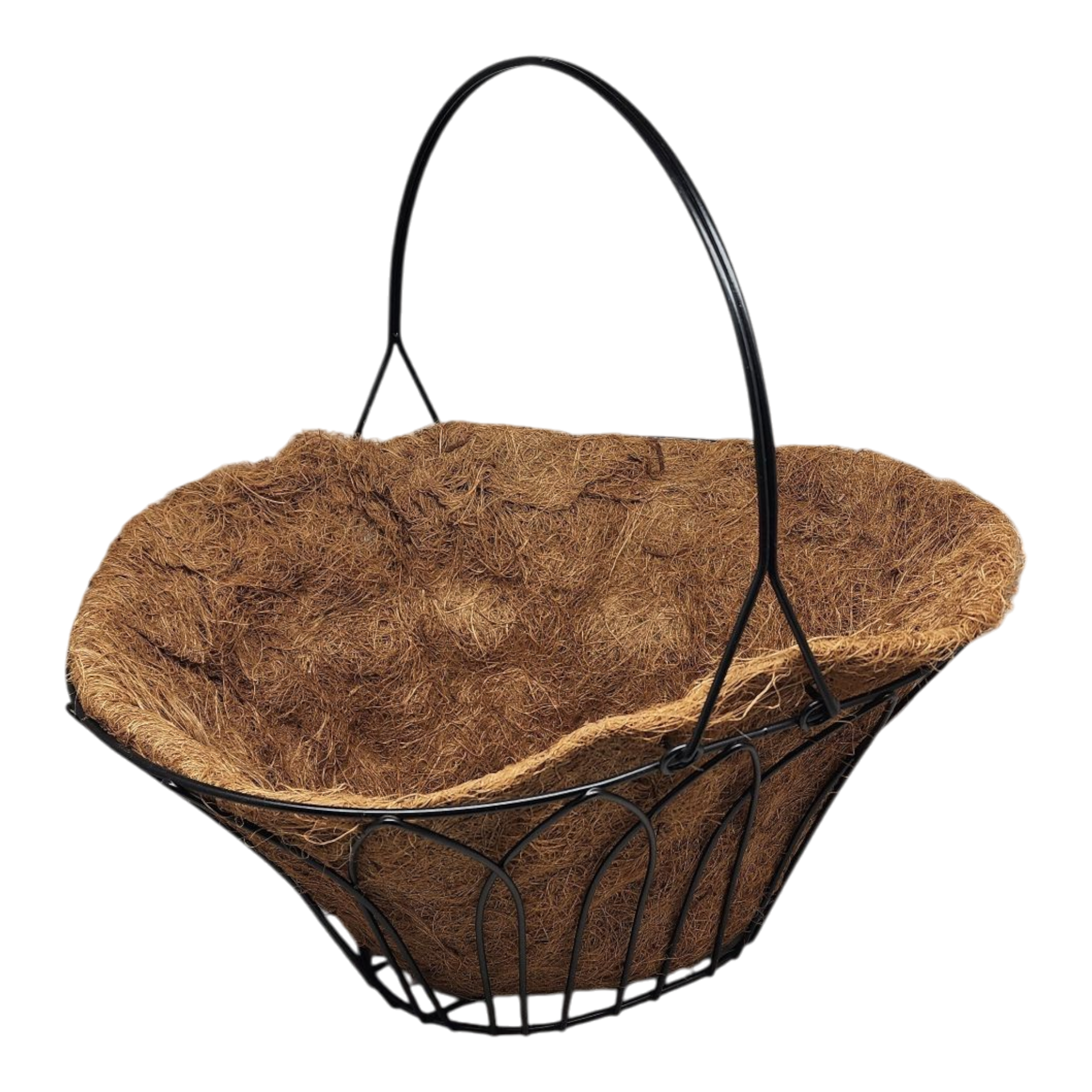 Oval Black Metal Wire Handle Basket with Coco Mat Liner - 15-Inch Long
