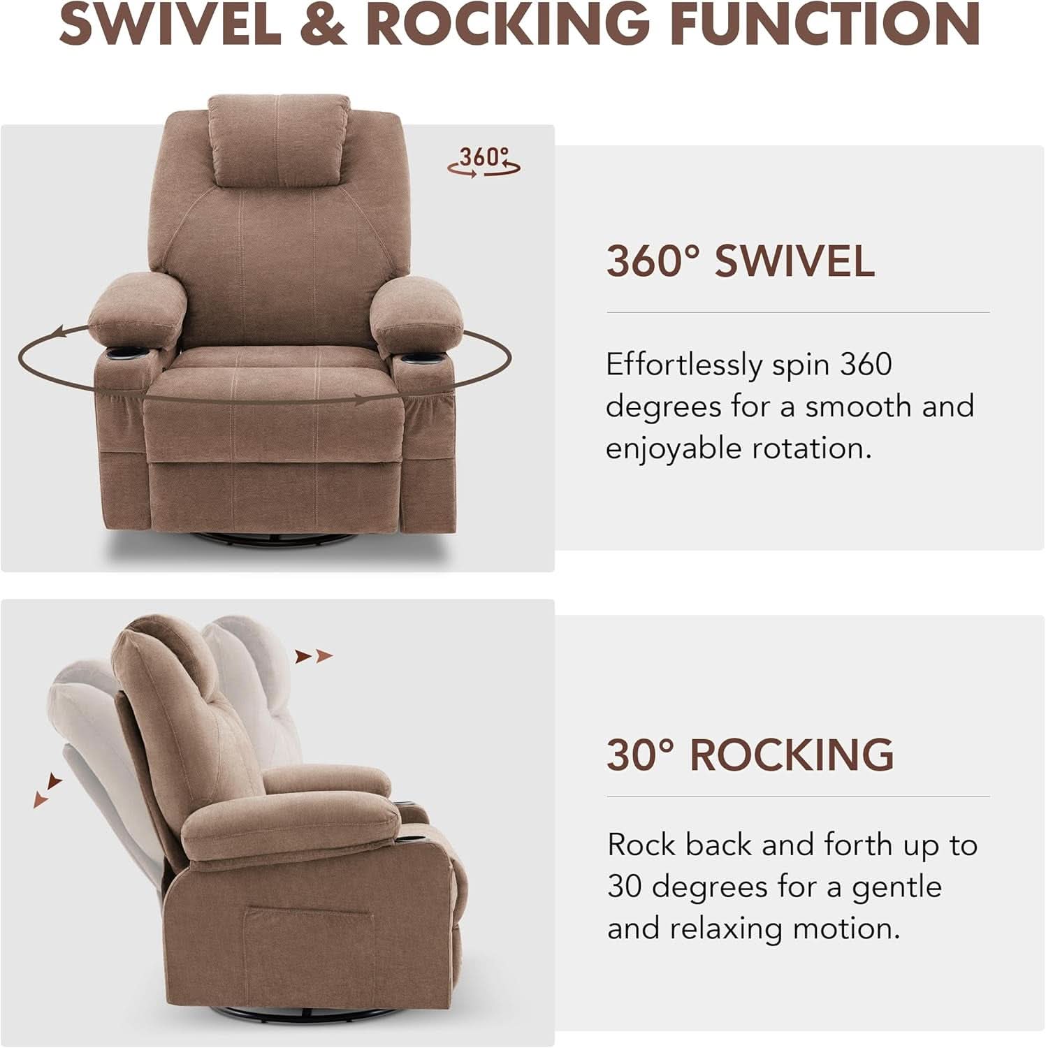 Oversized Swivel Rocker Recliner Chair With Heat Massage USB Port Brown Fabric