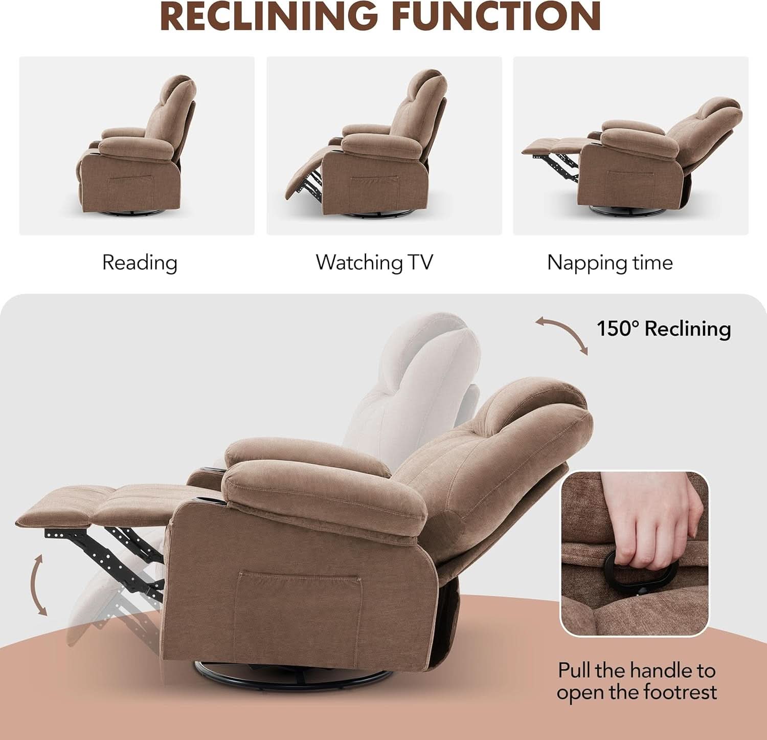 Oversized Swivel Rocker Recliner Chair With Heat Massage USB Port Brown Fabric