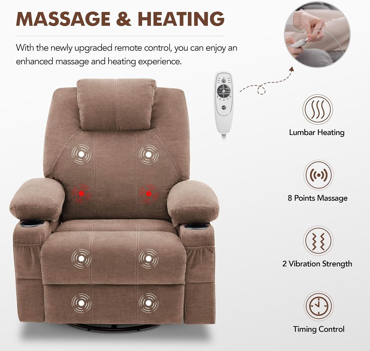 Oversized Swivel Rocker Recliner Chair With Heat Massage USB Port Brown Fabric