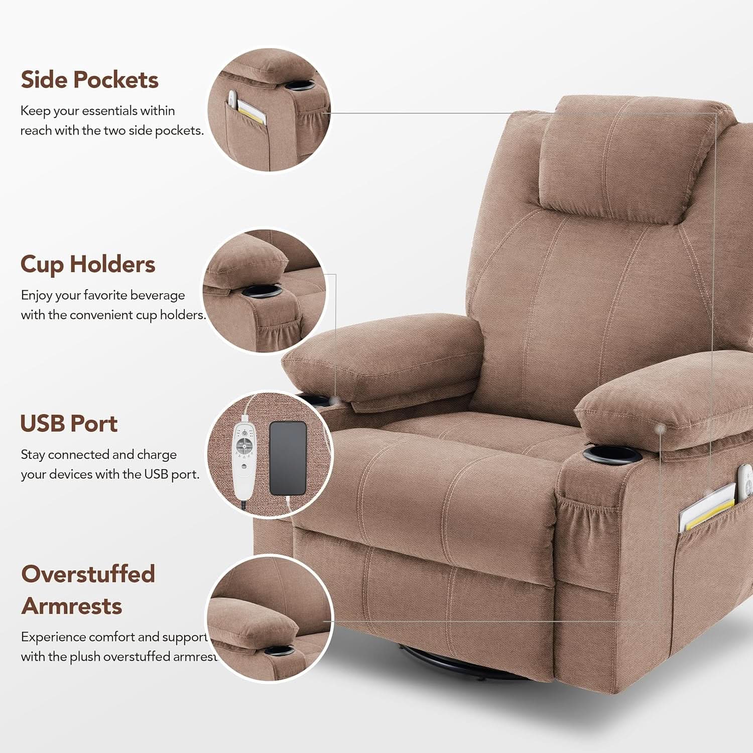 Oversized Swivel Rocker Recliner Chair With Heat Massage USB Port Brown Fabric