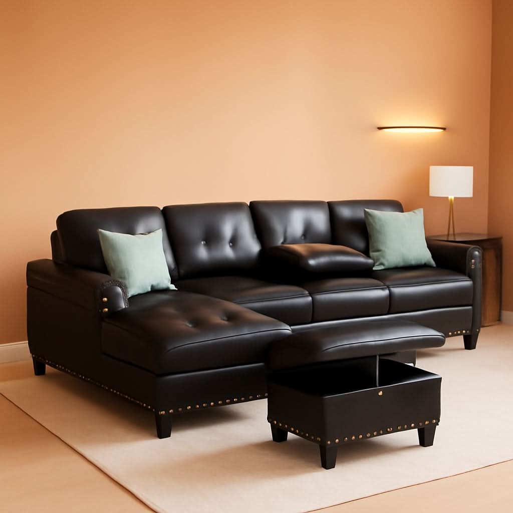 PU Faux Leather Sectional Sofa With Lift Top Storage Black