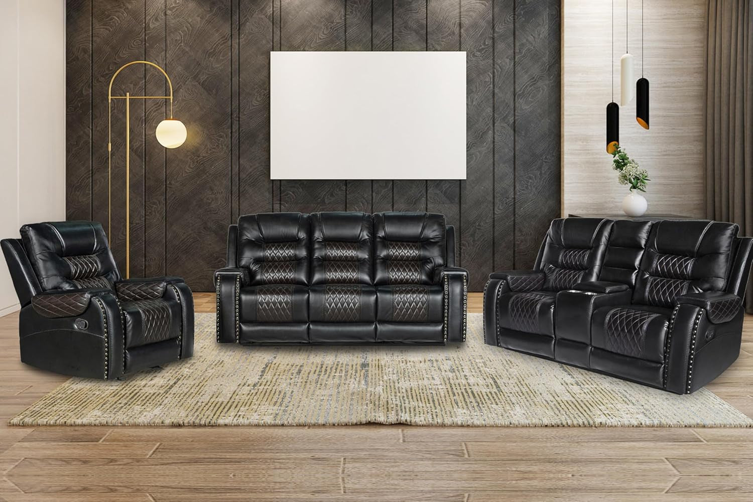 PU Leather 3 Piece Sofa Set With Cup Holders Manual Recliner Black
