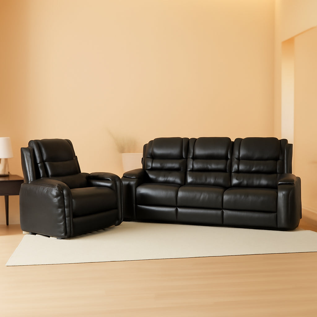 PU Leather 3 Piece Sofa Set With Cup Holders Manual Recliner Black