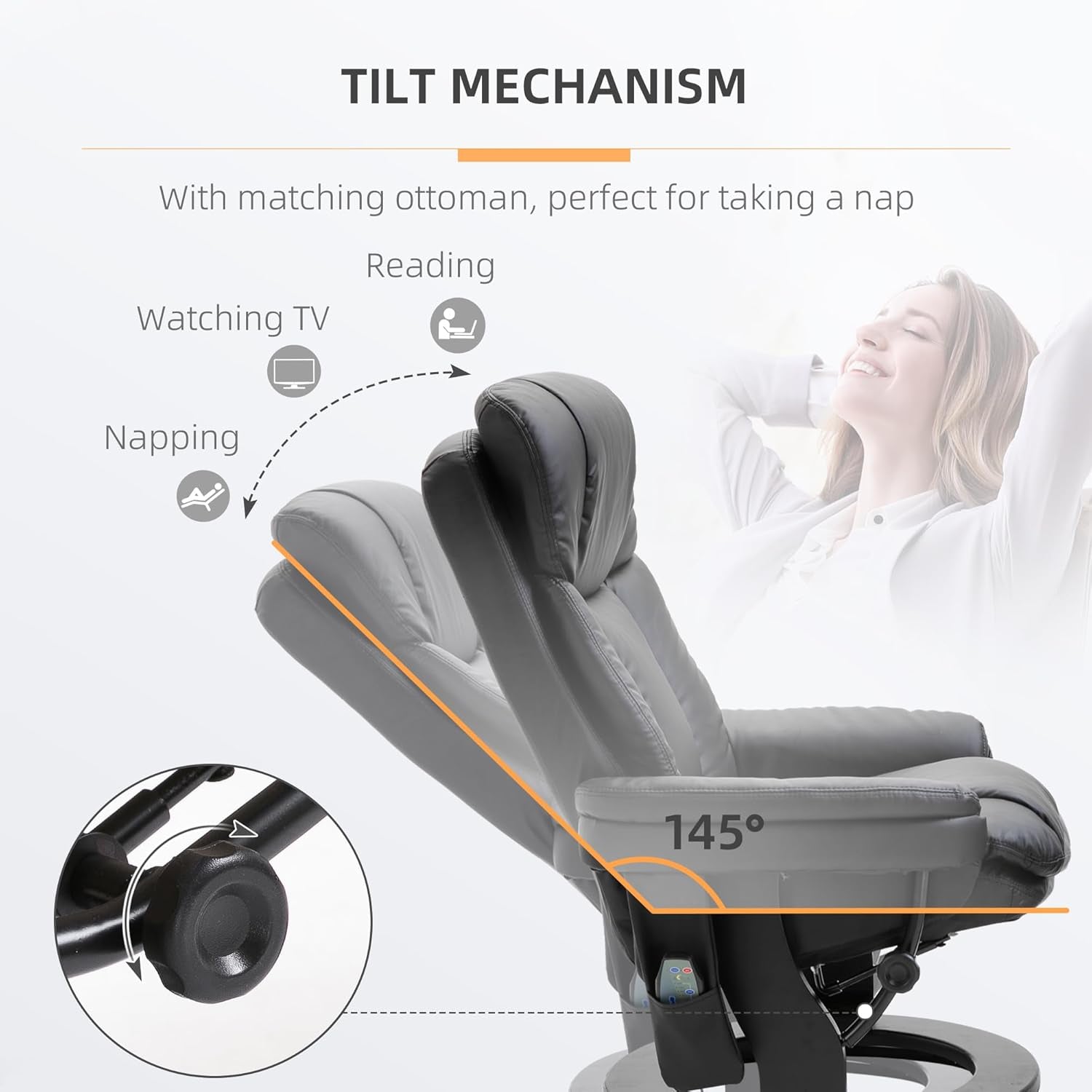 PU Leather Massage Recliner Chair With Ottoman Black Swivel