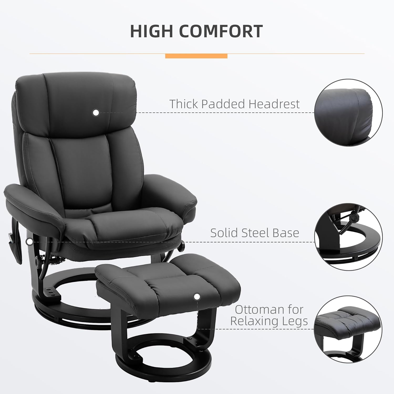 PU Leather Massage Recliner Chair With Ottoman Black Swivel