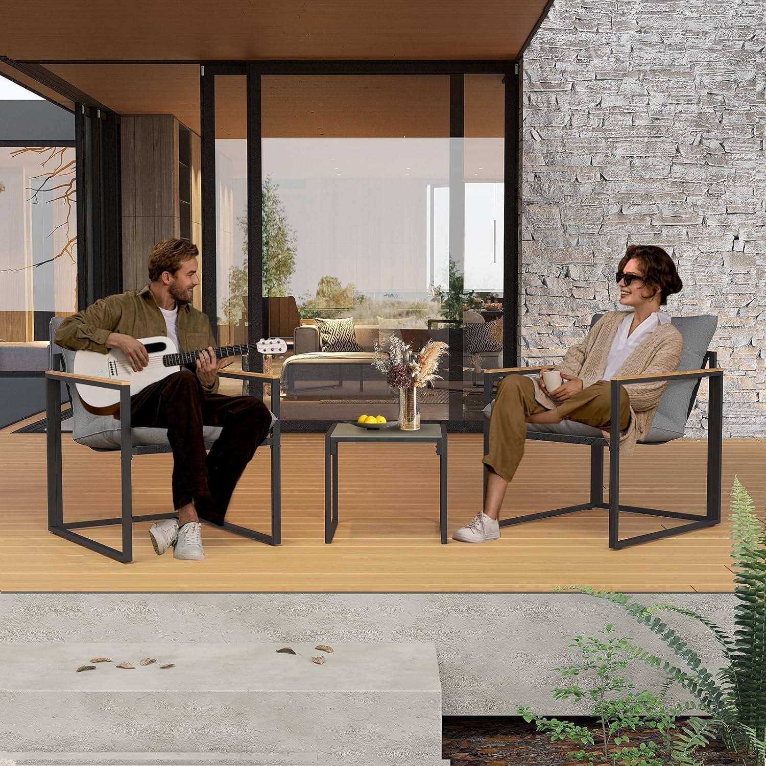 Patio 3 Piece Bistro Set With Cushions And Backrest