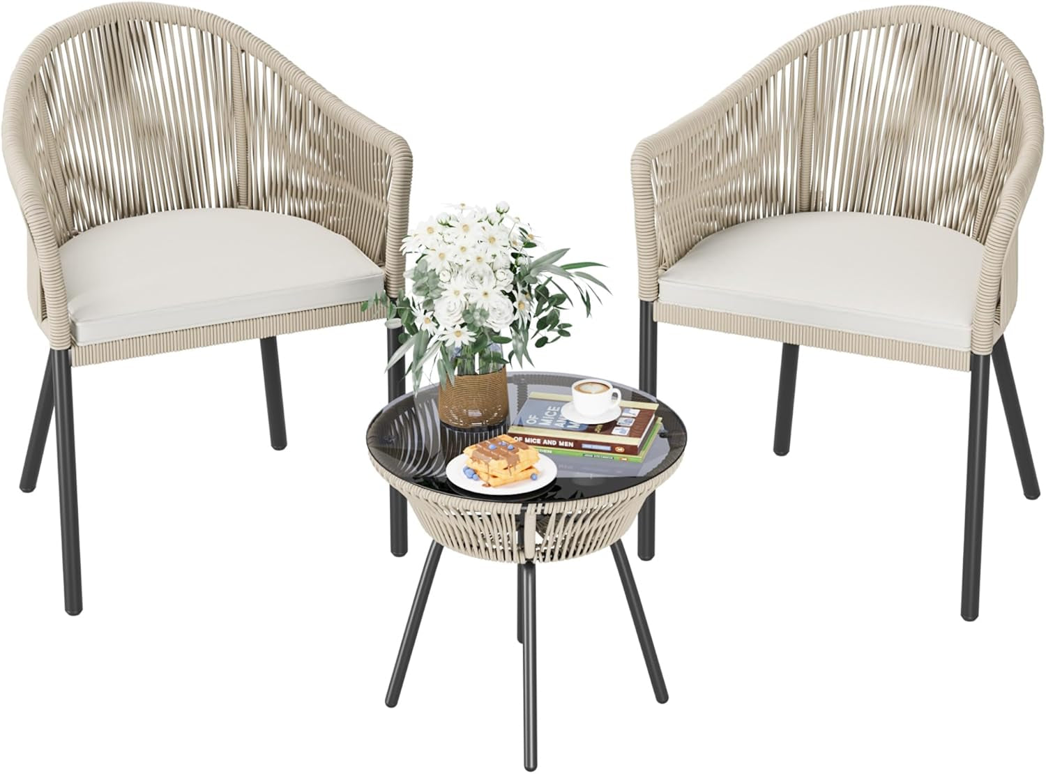 Patio Bistro Set 3 Piece Rope Woven With Glass Table