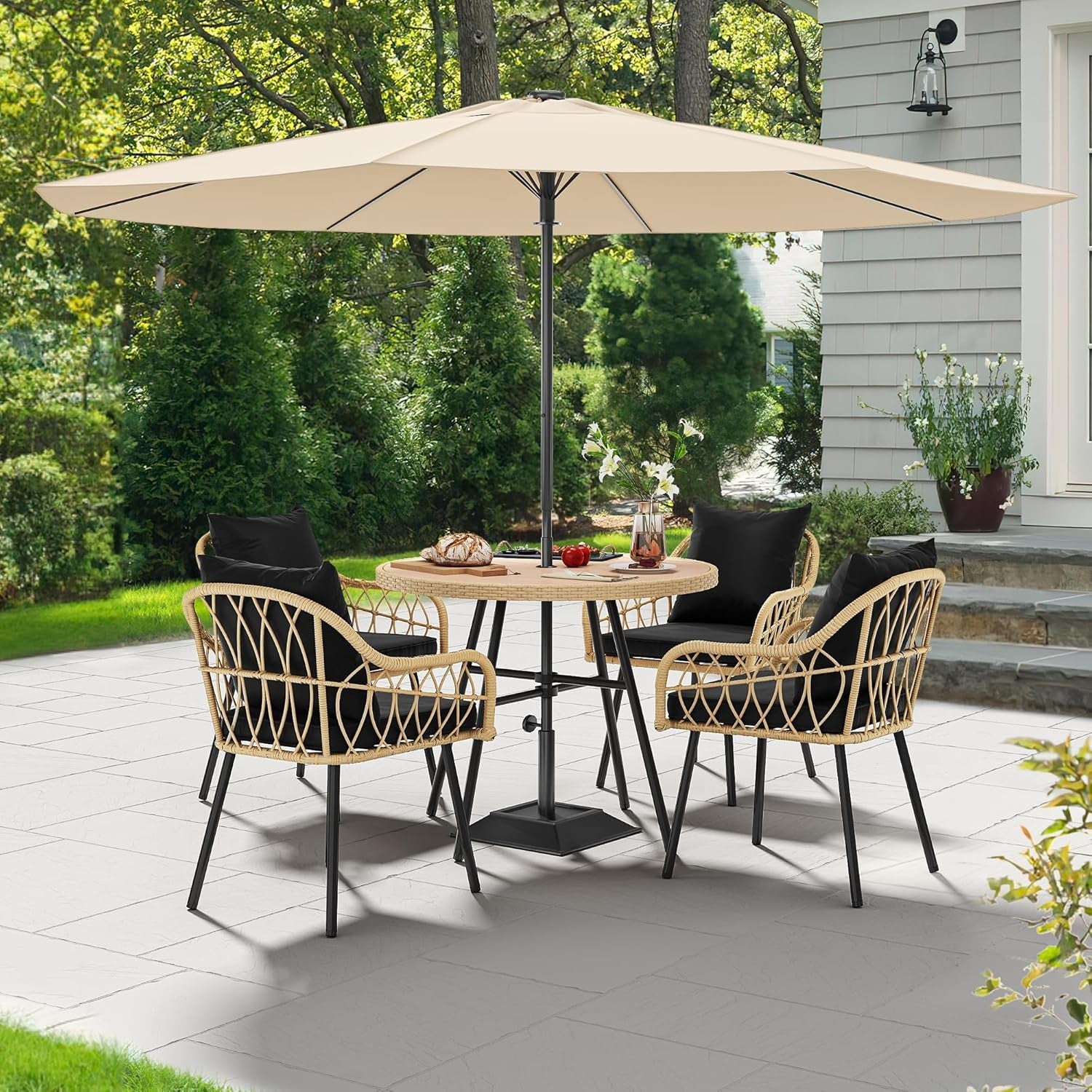 Patio Chairs Set Of 4 Outdoor All Weather Rattan With Cushions Light Brown
