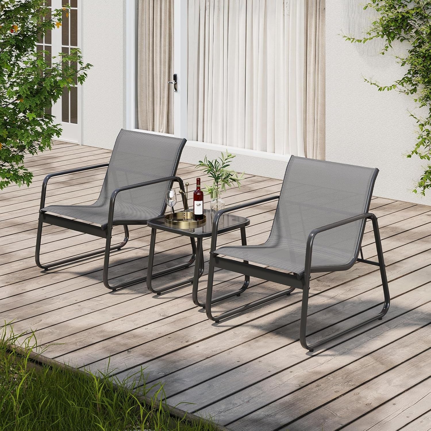Patio Chairs and Coffee Table Set of 3 Grey Textilene Fabric Metal Frame