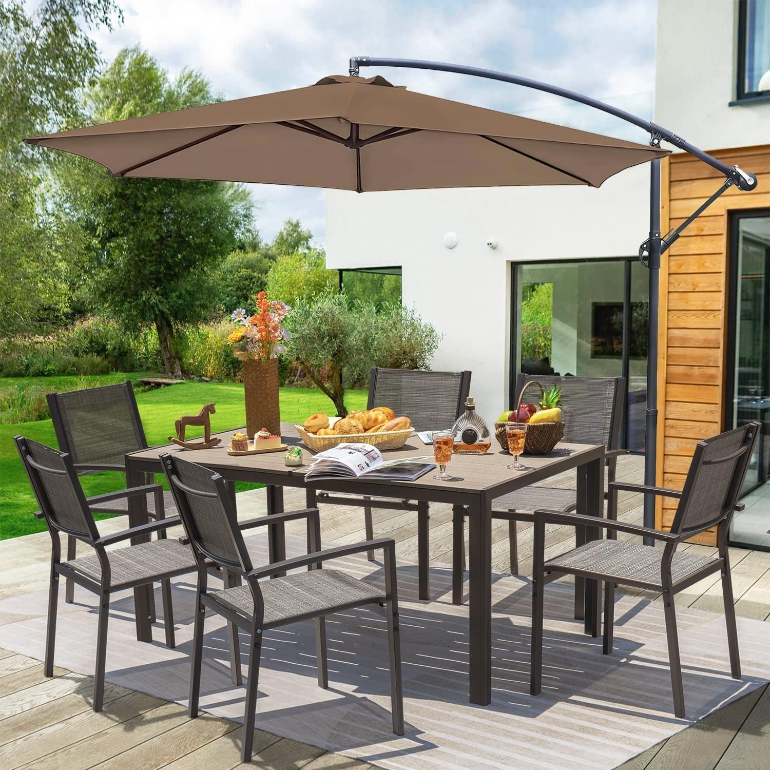 Patio Dining Set 7 Pieces Outdoor Table And 6 Textilene Chairs Light Grey