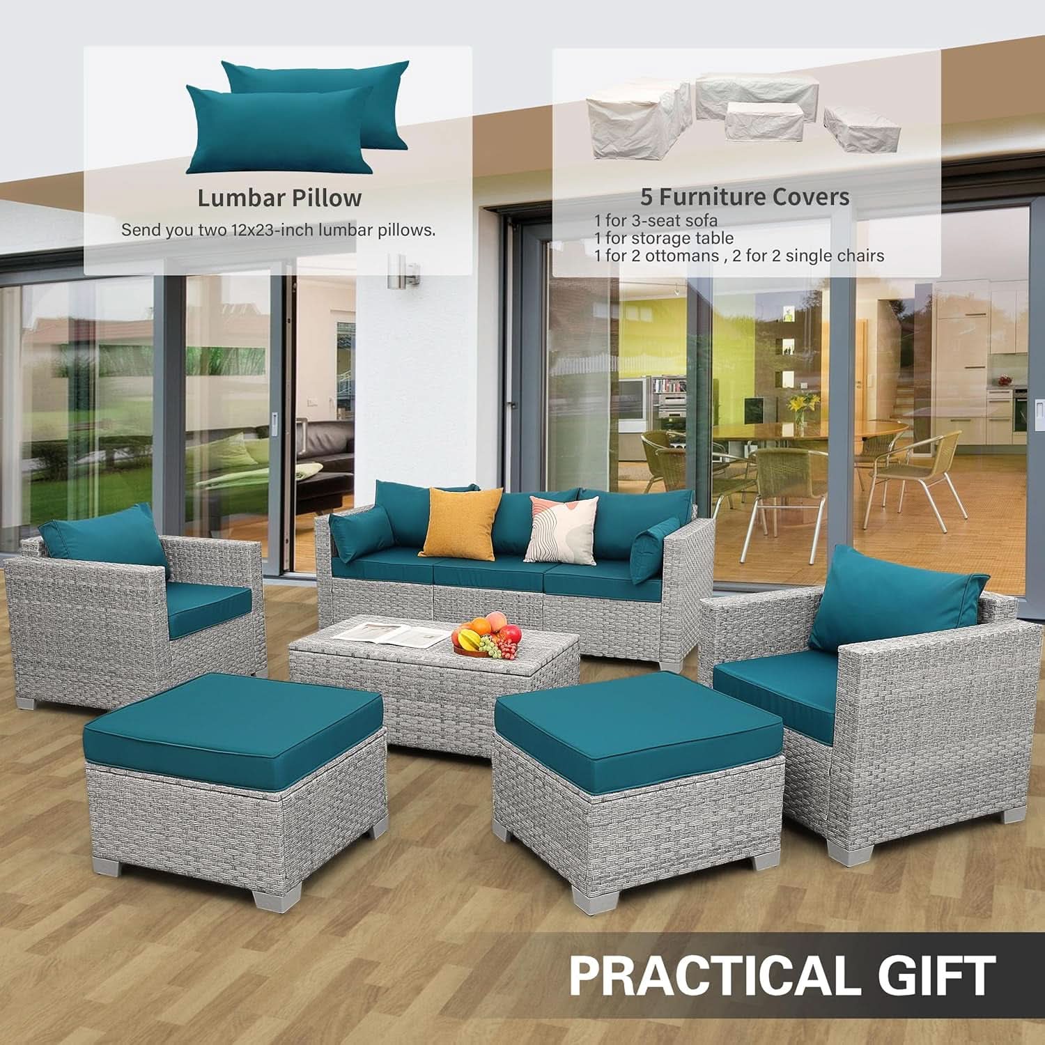 Patio Furniture Set 6 Piece Outdoor Grey Wicker With Peacock Blue Cushions