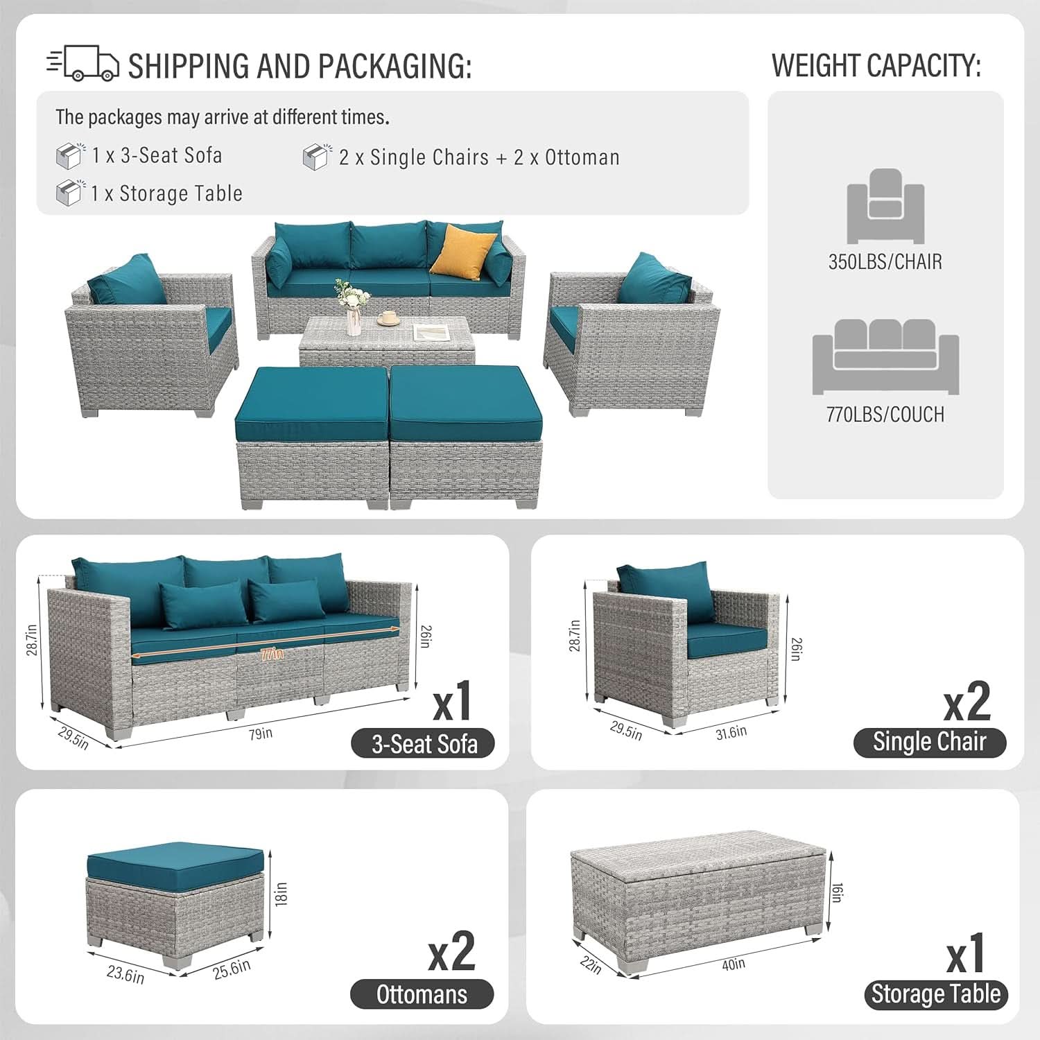 Patio Furniture Set 6 Piece Outdoor Grey Wicker With Peacock Blue Cushions