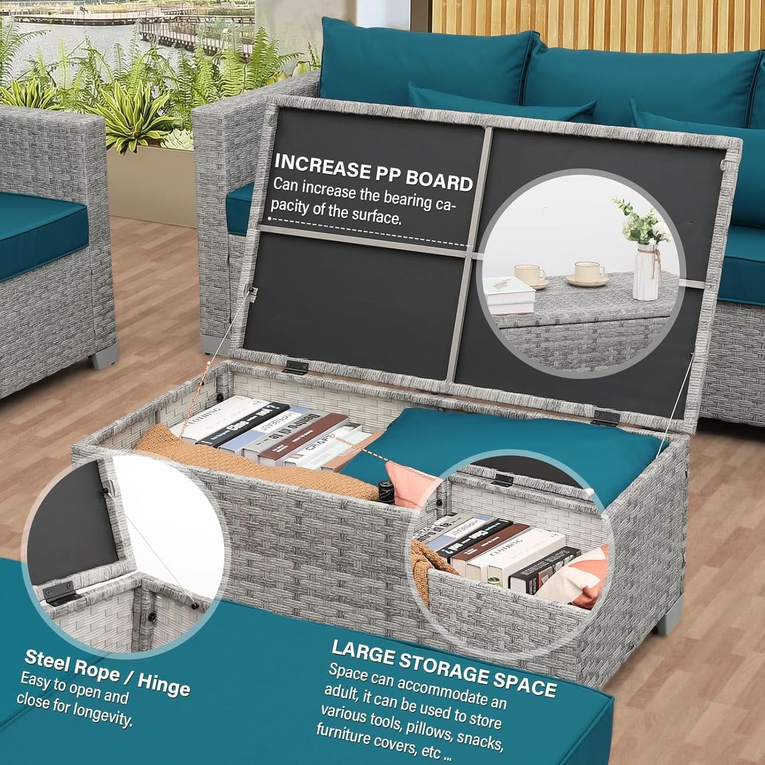 Patio Furniture Set 6 Piece Outdoor Grey Wicker With Peacock Blue Cushions