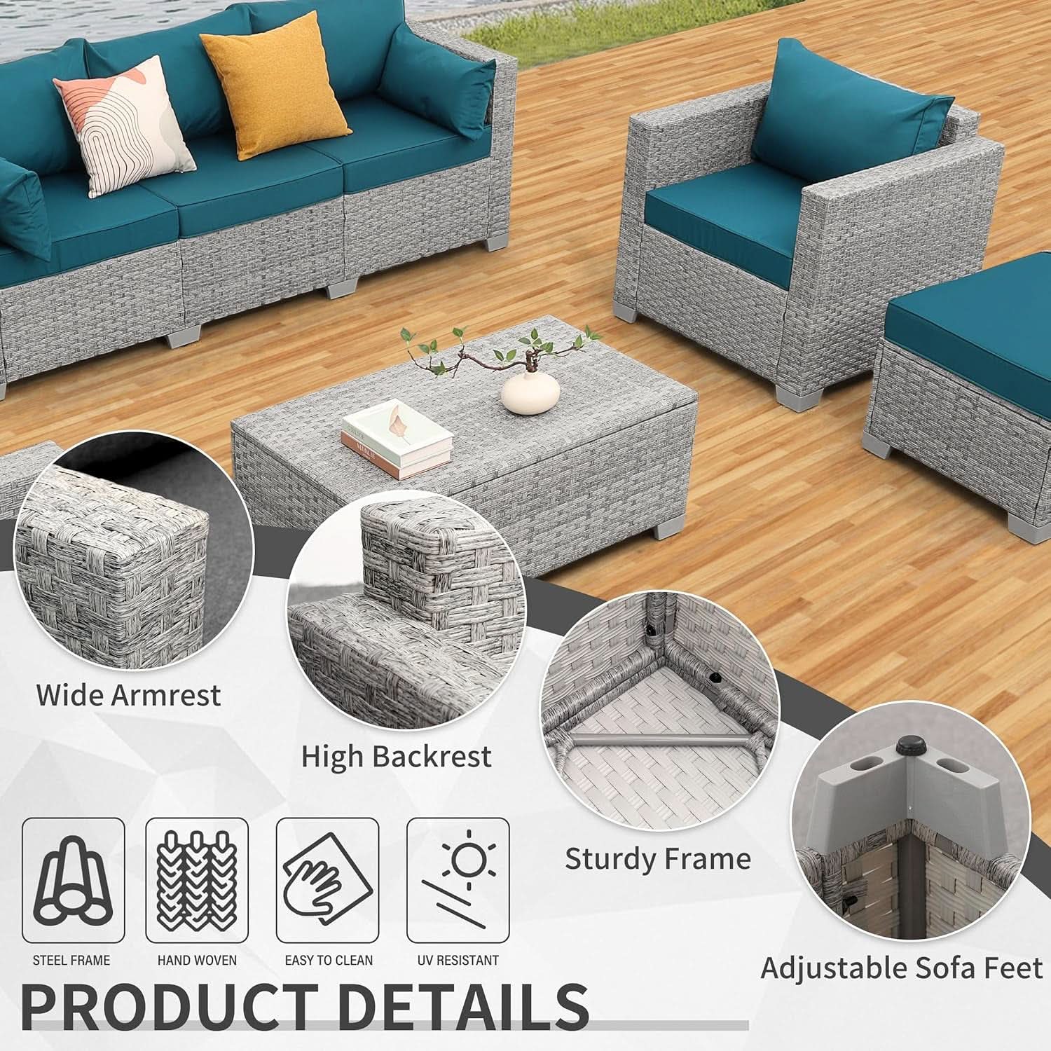 Patio Furniture Set 6 Piece Outdoor Grey Wicker With Peacock Blue Cushions
