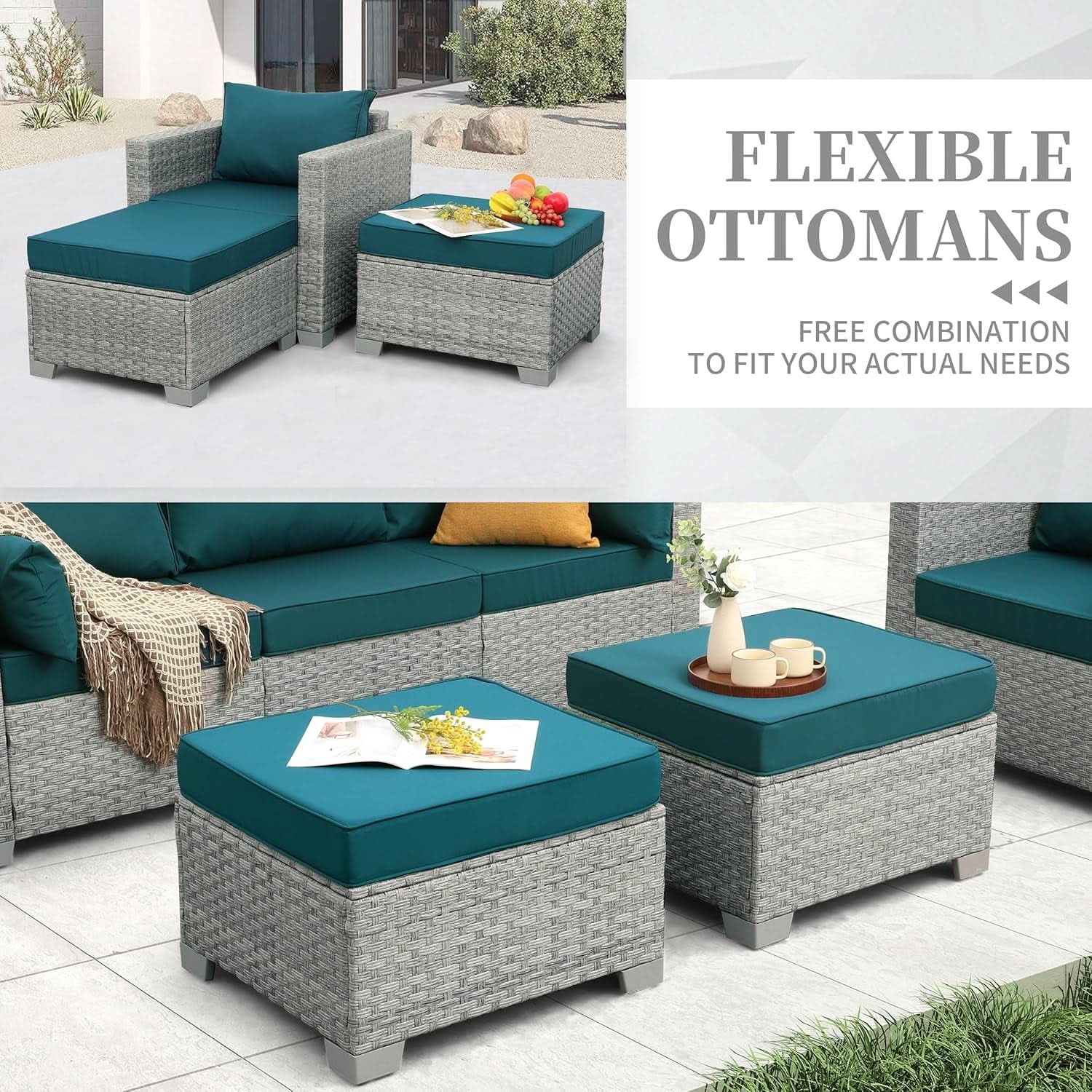 Patio Furniture Set 6 Piece Outdoor Grey Wicker With Peacock Blue Cushions