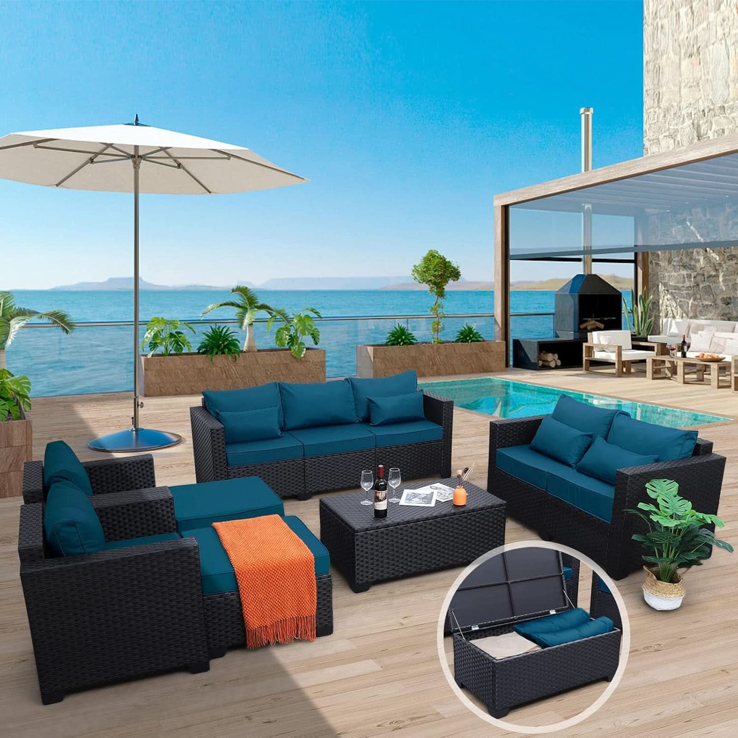 Patio Furniture Set 7 Piece Peacock Blue Anti Slip Cushions