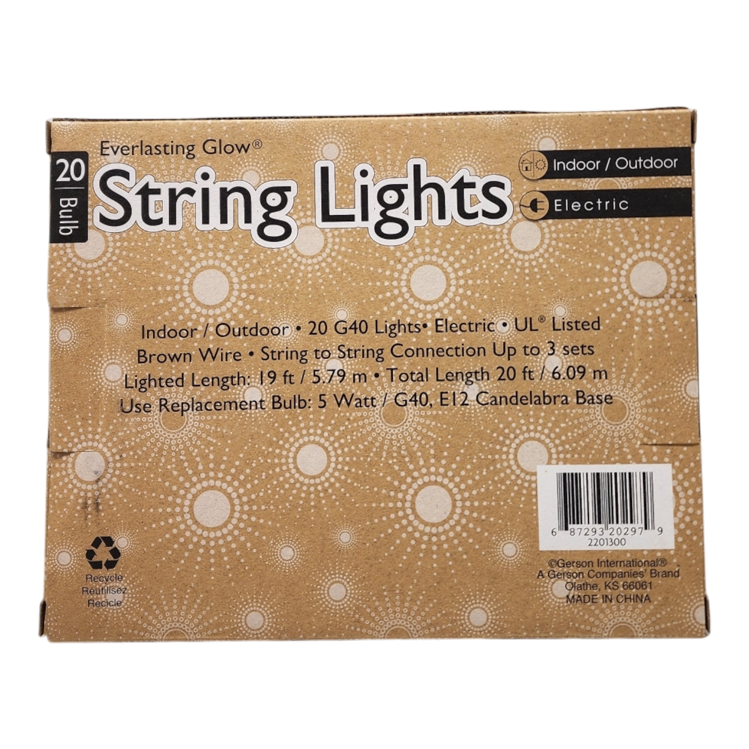 Patio Light Set - 20 G40 Bulbs on Brown Wire