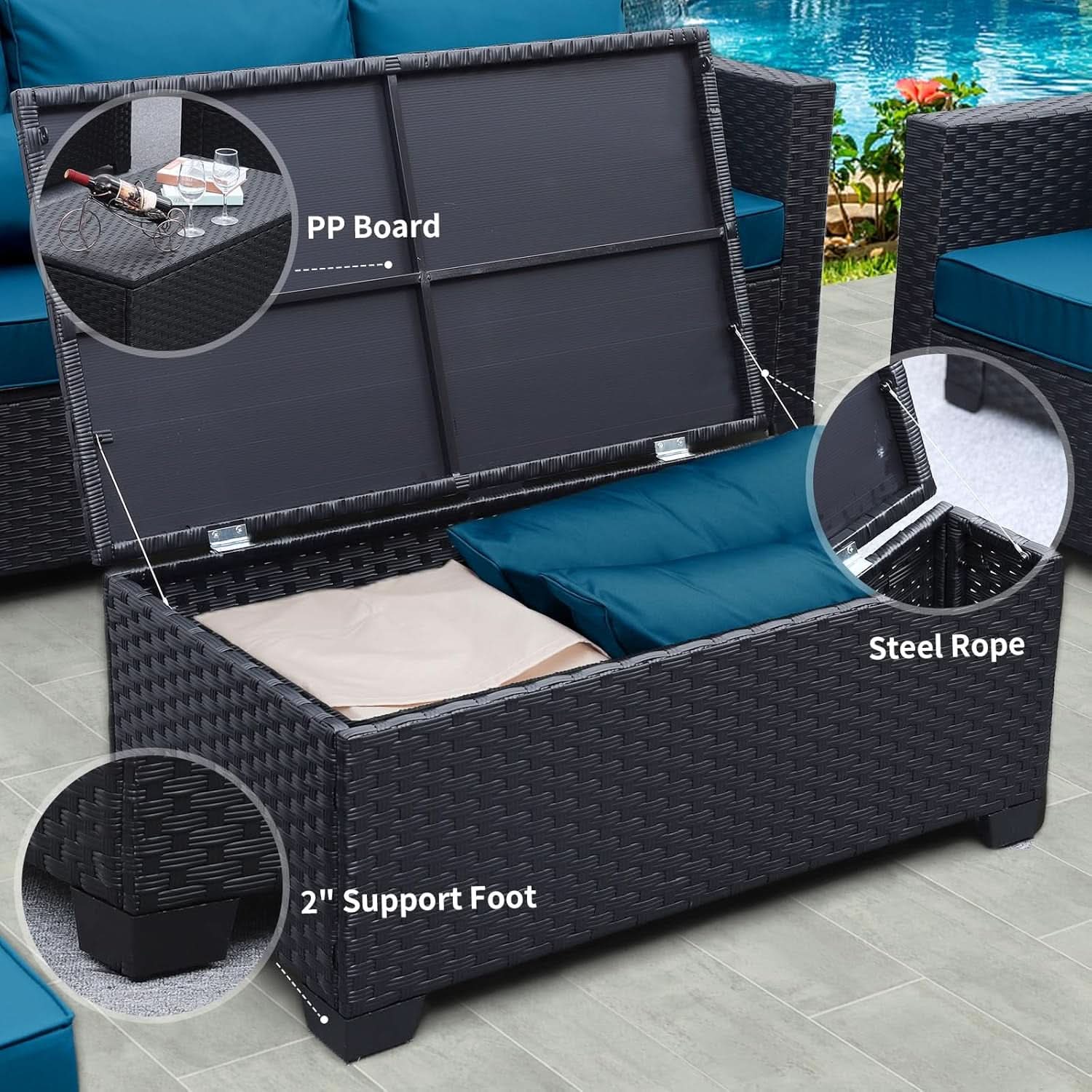 Peacock Blue 5 Piece Patio Furniture Set With Anti Slip Cushions And Covers