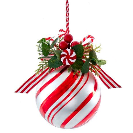 Peppermint Glass Ball With Candy and Greenery Ornament -