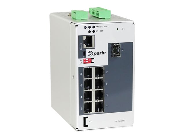 Perle IDS-409-1SFP - Switch - managed - 8 x 10/100/1000 + 1 x Gigabit SFP - DIN rail mountable - AC 24 V / DC 12/24/48 V