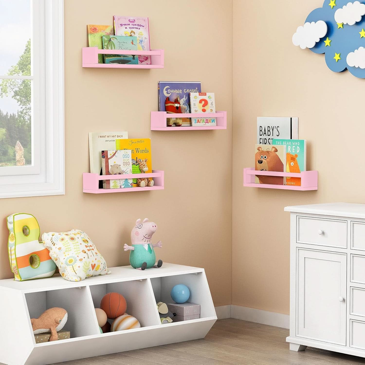 Pink Floating Wall Shelves Set Of 4 Wooden Bookshelves