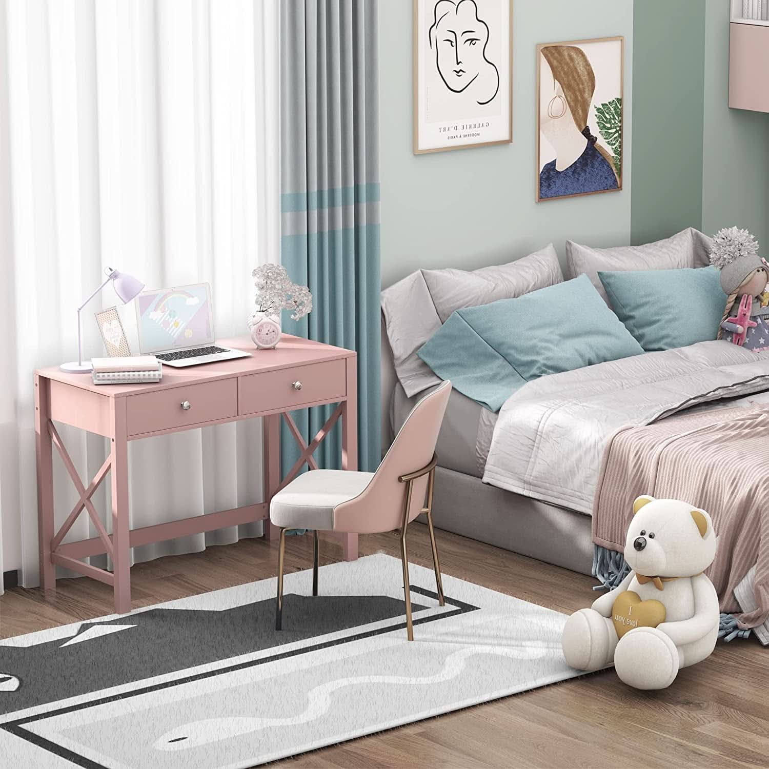 Pink Modern Vanity Desk With Drawers For Home Office