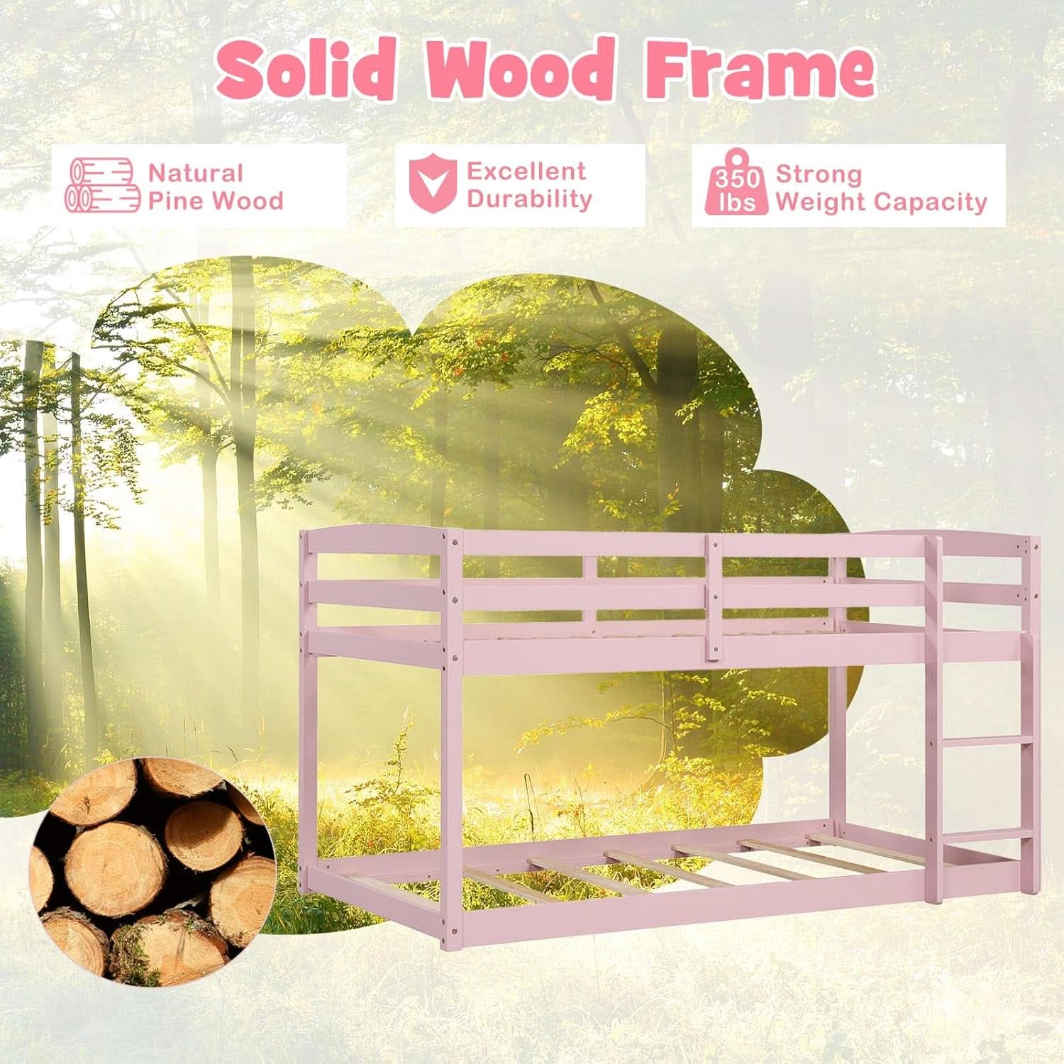 Pink Twin Over Twin Bunk Bed With Ladder For Kids And Teens