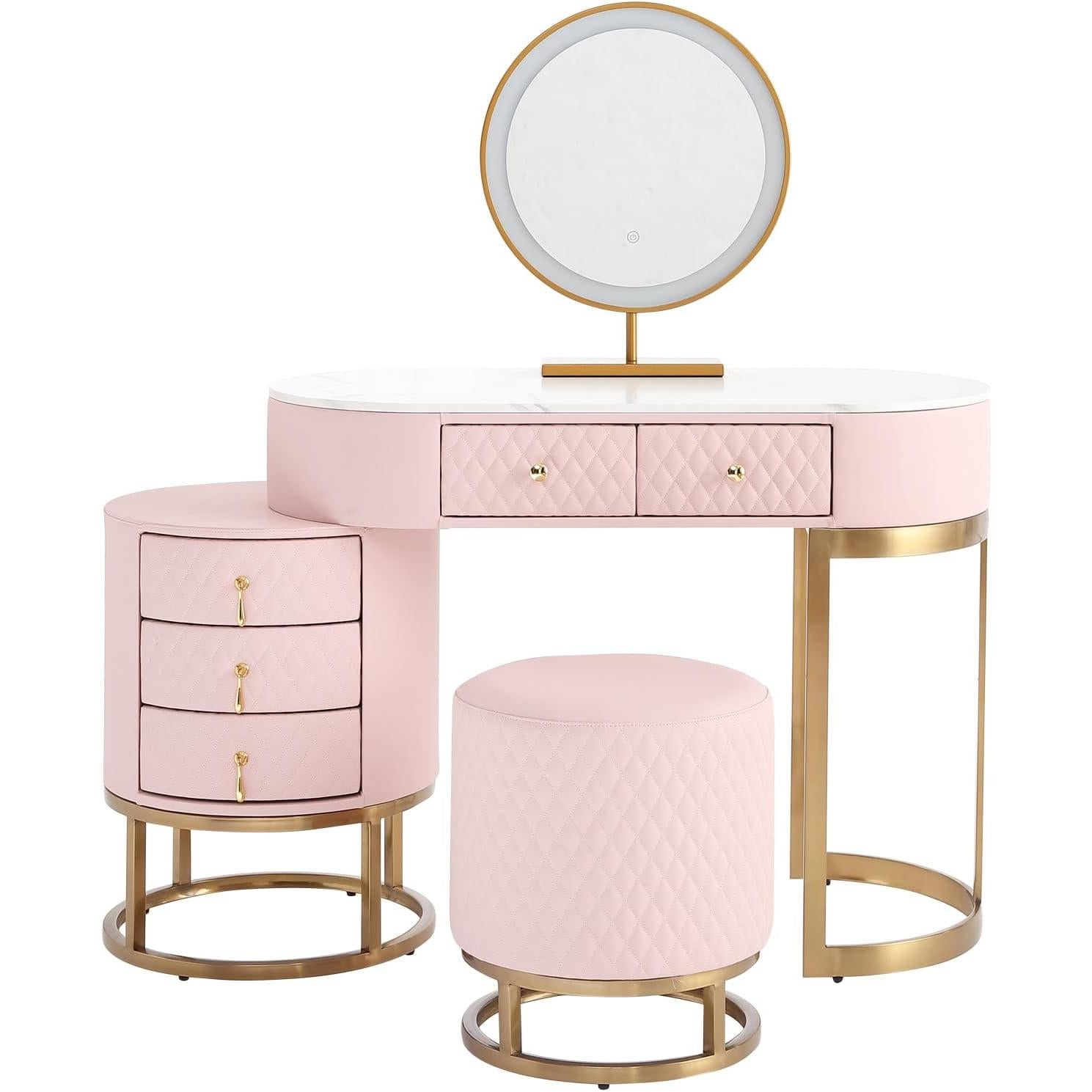 Pink Vanity Desk Set With LED Mirror And Storage Stool