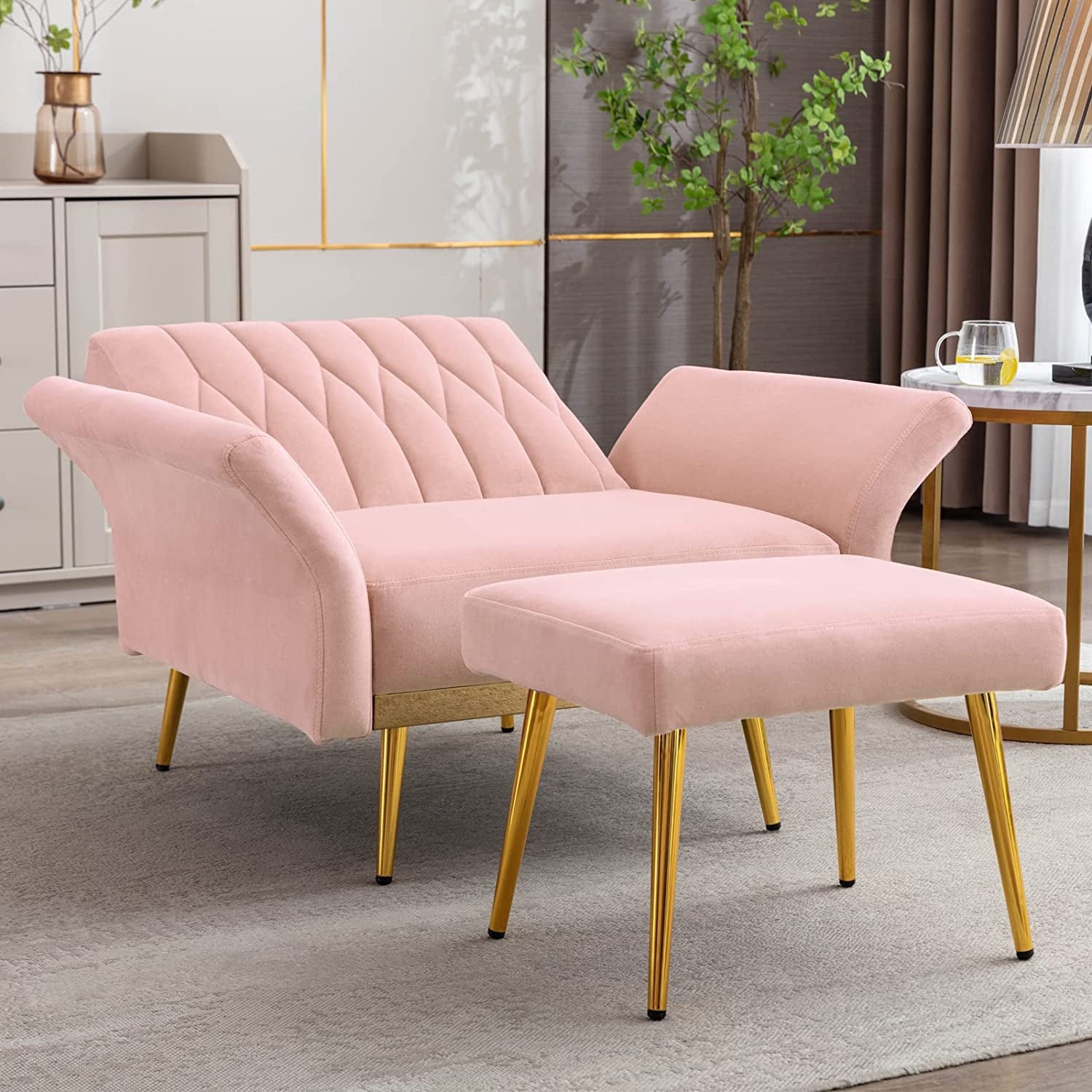 Pink Velvet Armchair With Ottoman And Armrests Modern
