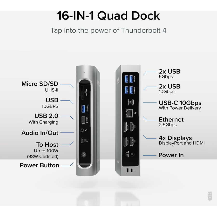 Plugable 16-in-1 Thunderbolt 4 Dock with 100W Charging, 4K Quad Monitor Setup for Thunderbolt 4 Windows Laptops TBT4-UDZ