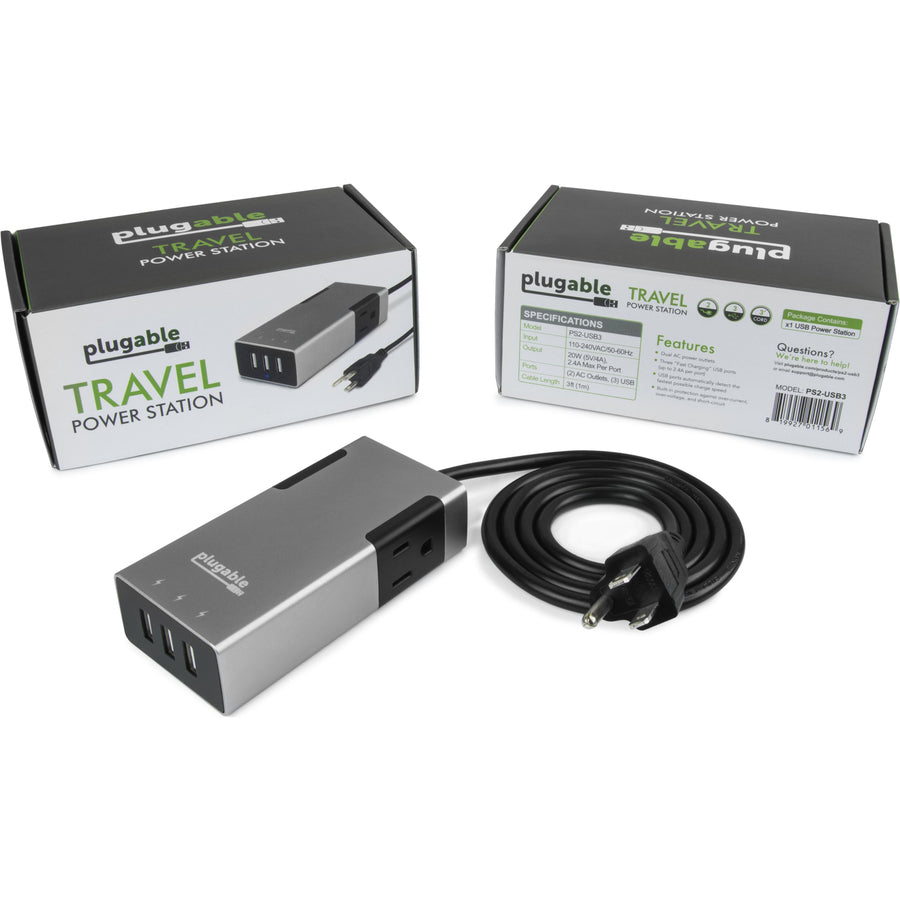 Plugable 2-Outlet Travel Power Strip with Built-In 3-Port 20W USB Universal Smart Charger PS2-USB3