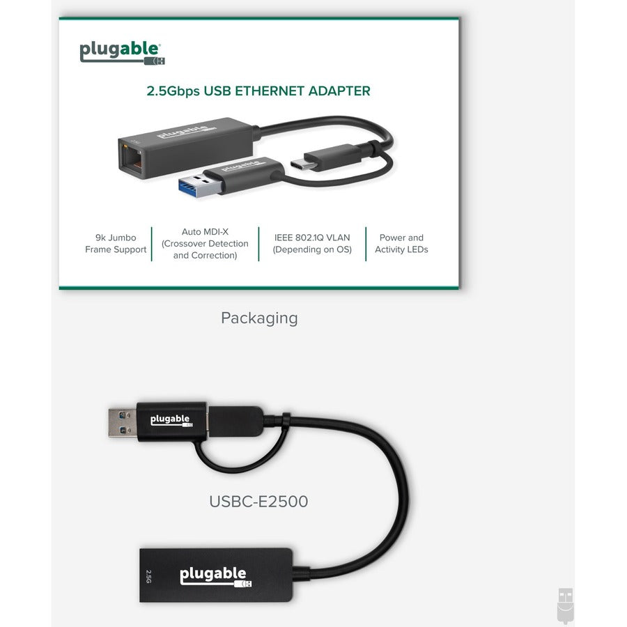 Plugable 2.5G USB C and USB to Ethernet Adapter - 2-in-1 Adapter USBC-E2500